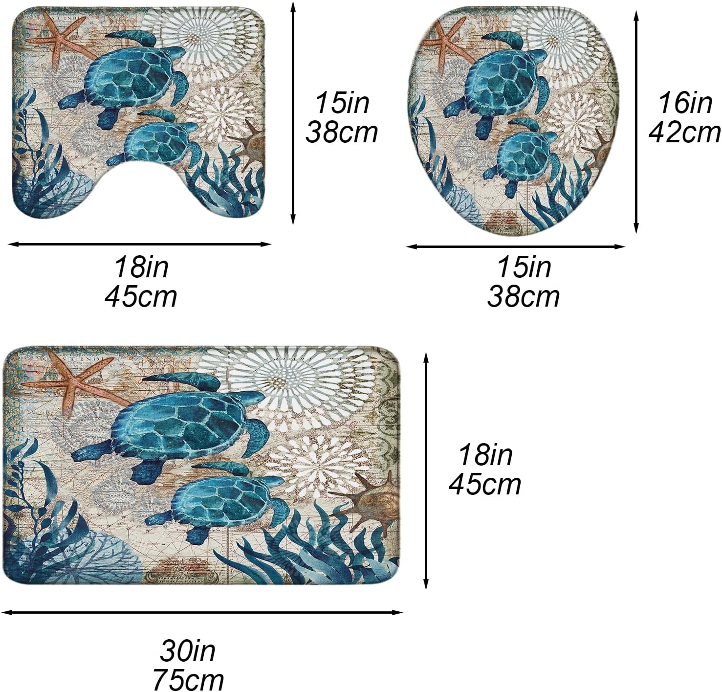 Sea Turtles Nautical Ocean Beach Bathroom Sets Starfish Coral Shower Curtain and 18 x 30 Rugs Bathroom Accessories Sets Decor with Bath Mat, Toilet Lid Cover, U-Shaped Contour and Hooks 72W x 72H Inch