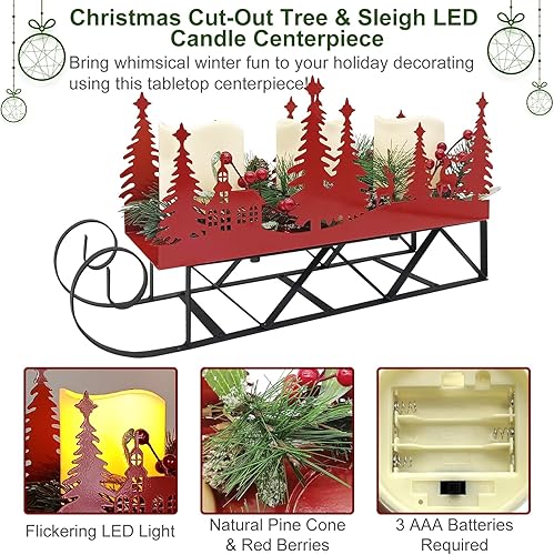 Miniatura 4 de Centro de mesa de trineo de Navidad con luces LED parpadeantes, silueta de trineo de Navidad, candelabro para comedor, mesa, chimenea, mantel de