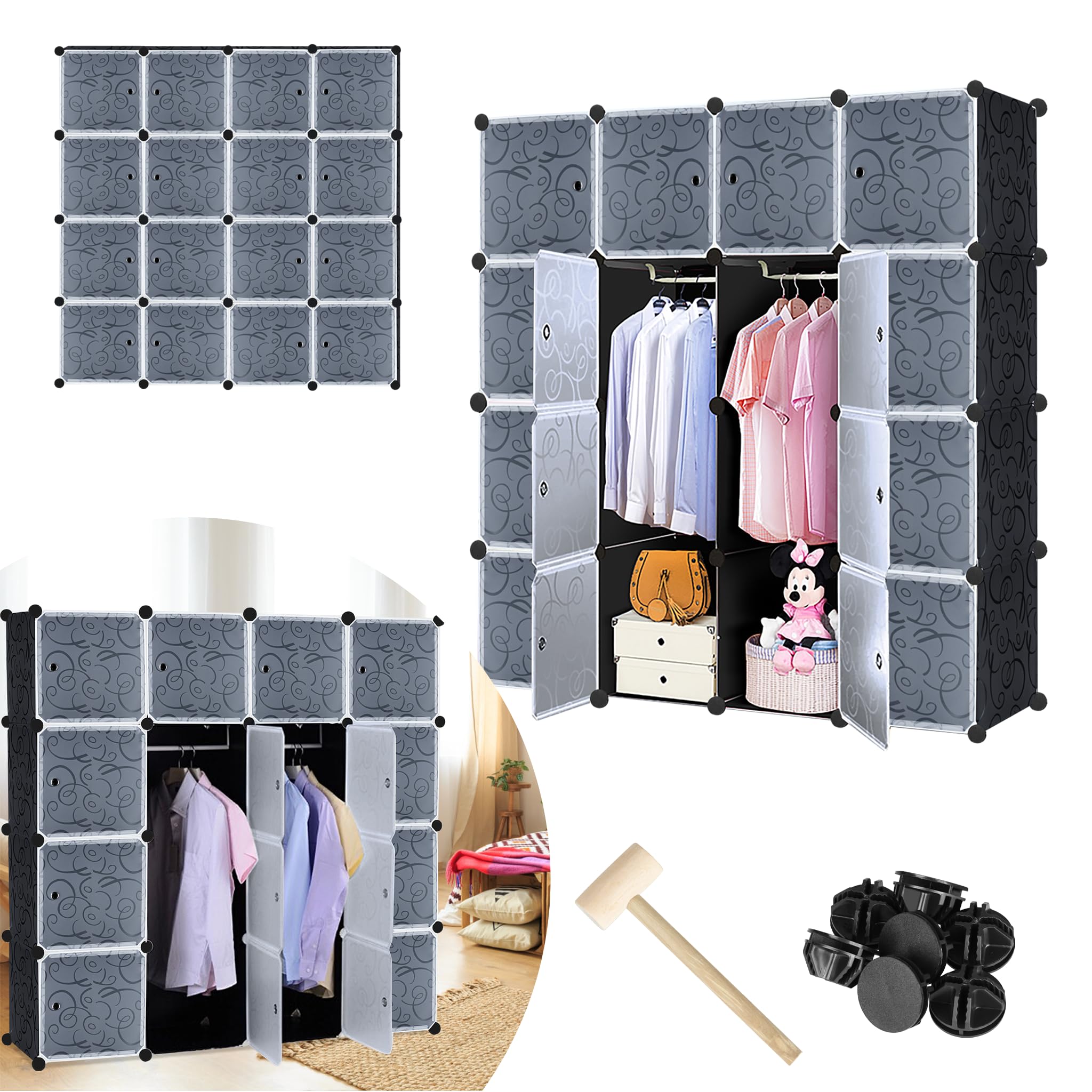 di scaffalatura in plastica con porta e asta appendiabiti, armadio, camera da letto, armadio combinato per vestiti, libri, giocattoli (16 cubi, nero)