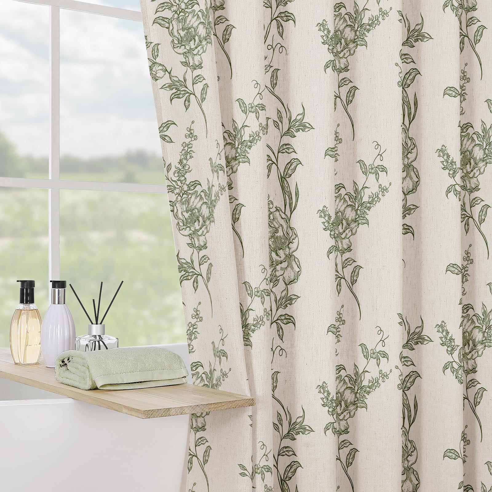 Craidlela Sage Linen Farmhouse Shower Curtain, Vintage Boho Floral Bathroom 72x84