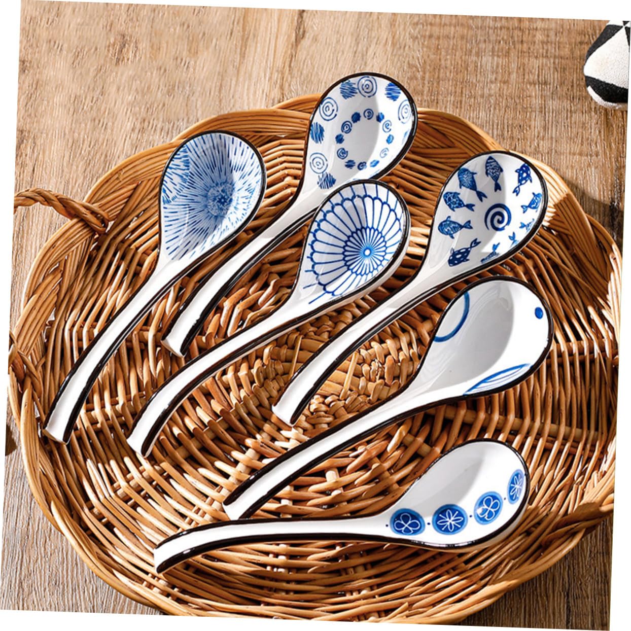 Luxshiny 6stücke Asiatische Suppenlöffel Keramik für Reis Suppe Picknick Reisen Camping Esslöffel Servierlöffel Reislöffel Löffel zum Portionieren