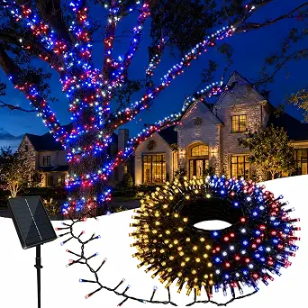 200 LED Red, White, and Blue Solar String Lights, 20ft with 11 Modes for 4th of July and Christmas Decorations