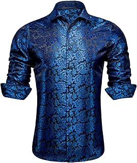 Hi-Tie Men's Woven Silk Dress Shirt Button Down Casual Jacquard Shirts Long-Sleeve Shirt Prom Wedding Regular Fit
