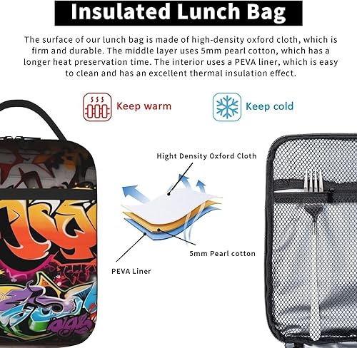 Miniatura 5 de Kururi Bolsa de almuerzo aislada con estampado de graffiti hip hop, bolsa de almuerzo impermeable, reutilizable, bolsa de almuerzo para el trabajo,