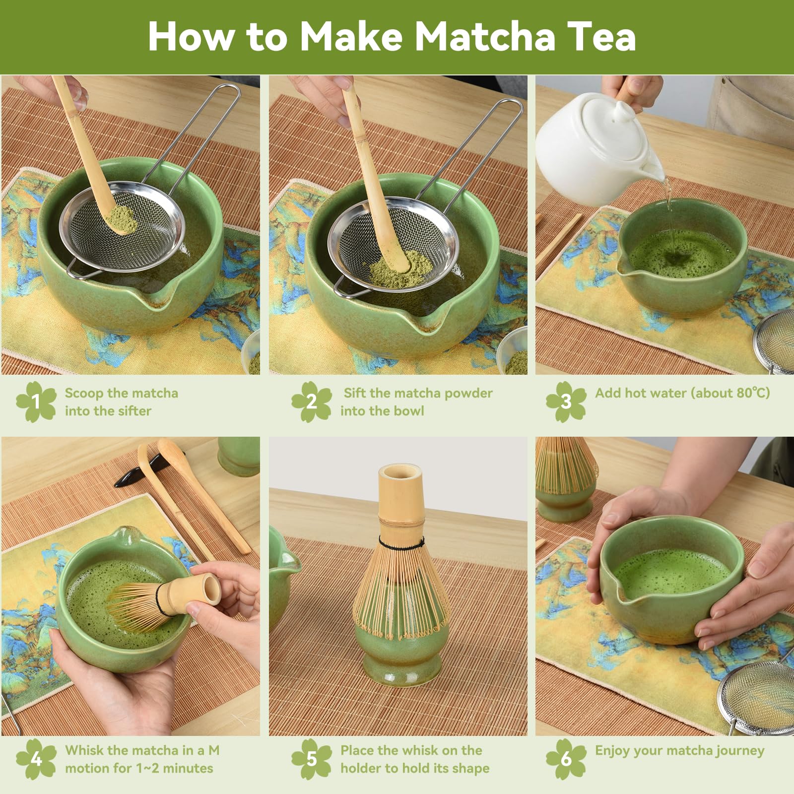 OTraki 9 Pezzi Macha Tea Kit, Kit Matcha Completo Accessori Per La Cerimonia Del Tè Giapponese, Ciotole Per Matcha, Paletta, Frusta Per Matcha Fatto A Mano, Confezione Per La Famiglia E Gli Amici