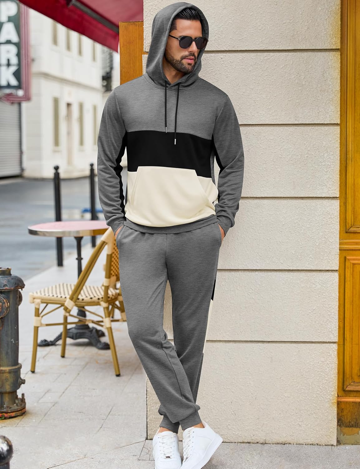 LecGee Men's 2 Piece Outfits Color Block Hoodie Sweatshirt Jogger Pants Set Casual Athletic Sweatsuit for Men - Image 5