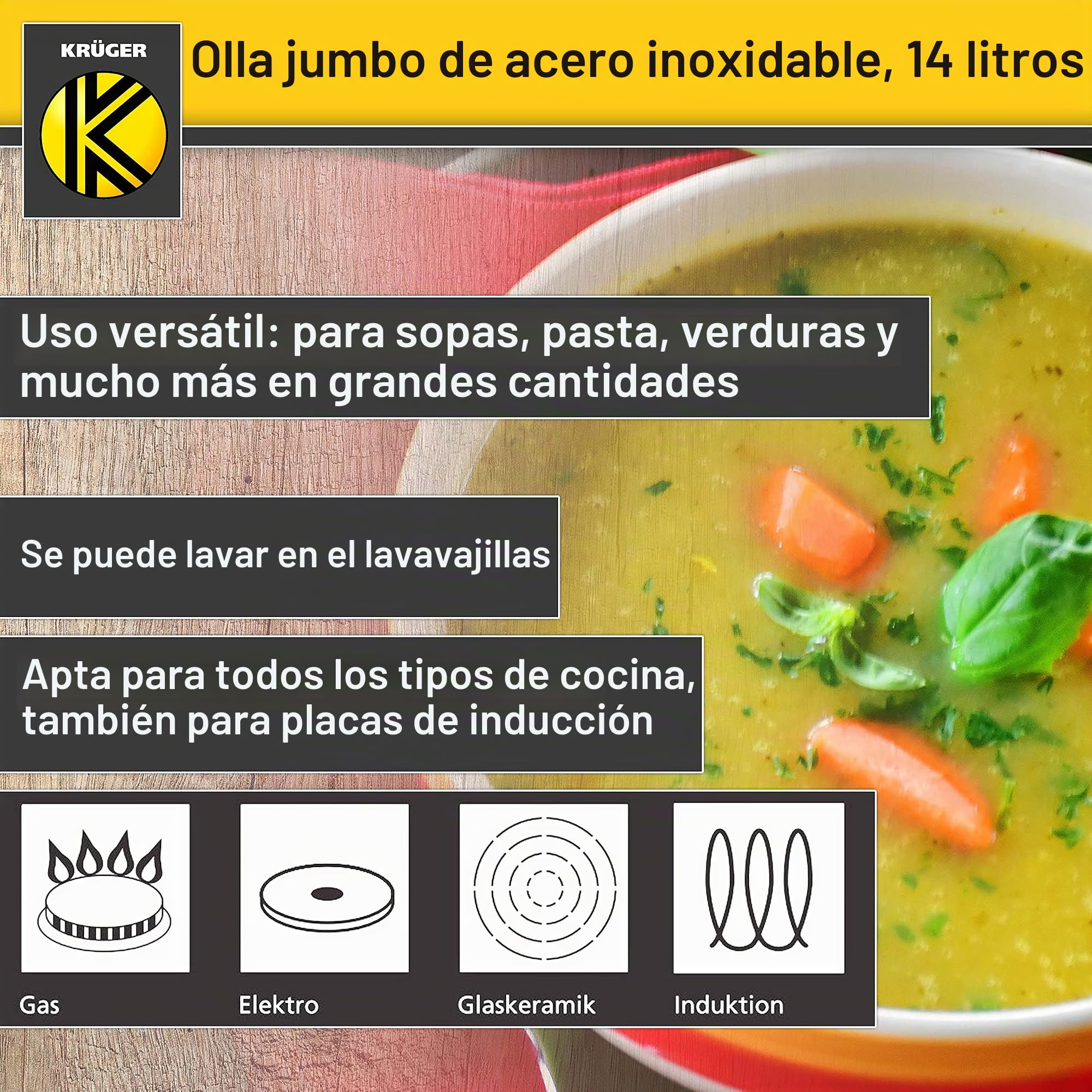 Krüger Olla grande de acero inoxidable con tapa para cocinar a la vista, base de cápsula de bajo consumo y asas de metal frío, ideal para fiestas, fiestas y uso diario (14 litros)