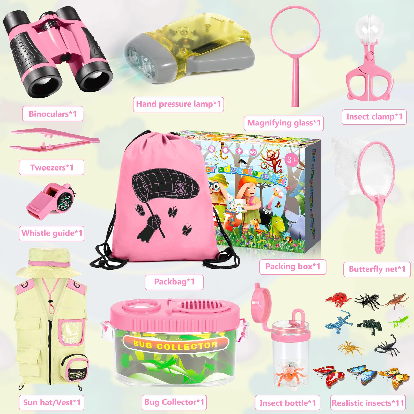 23 PCS Kit Esploratore Bambini, Set di Esplorazione per Bambini, Set Explorer Outdoor Giocattoli, con Binocolo, Cappello, Gilet, per età 3+, Anni, Kit di esplorazione Regalo (Rosa)