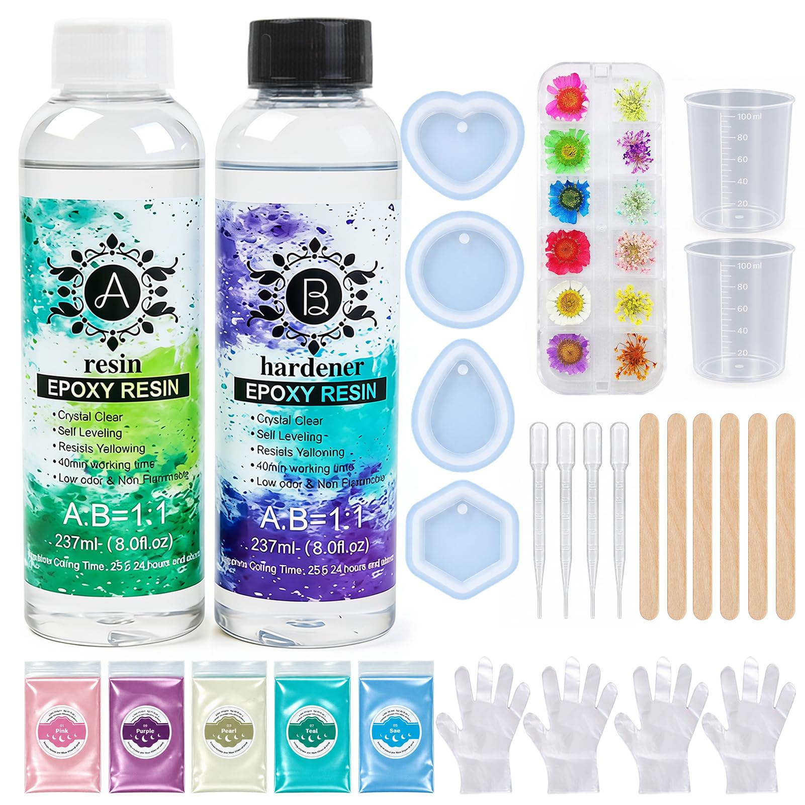 keeusmi Epoxy Resin 474ml with Moulds Dried Flowers, Crystal Clear Resin Kits for Beginners with Round Heart Teardrop Hexagon Moulds