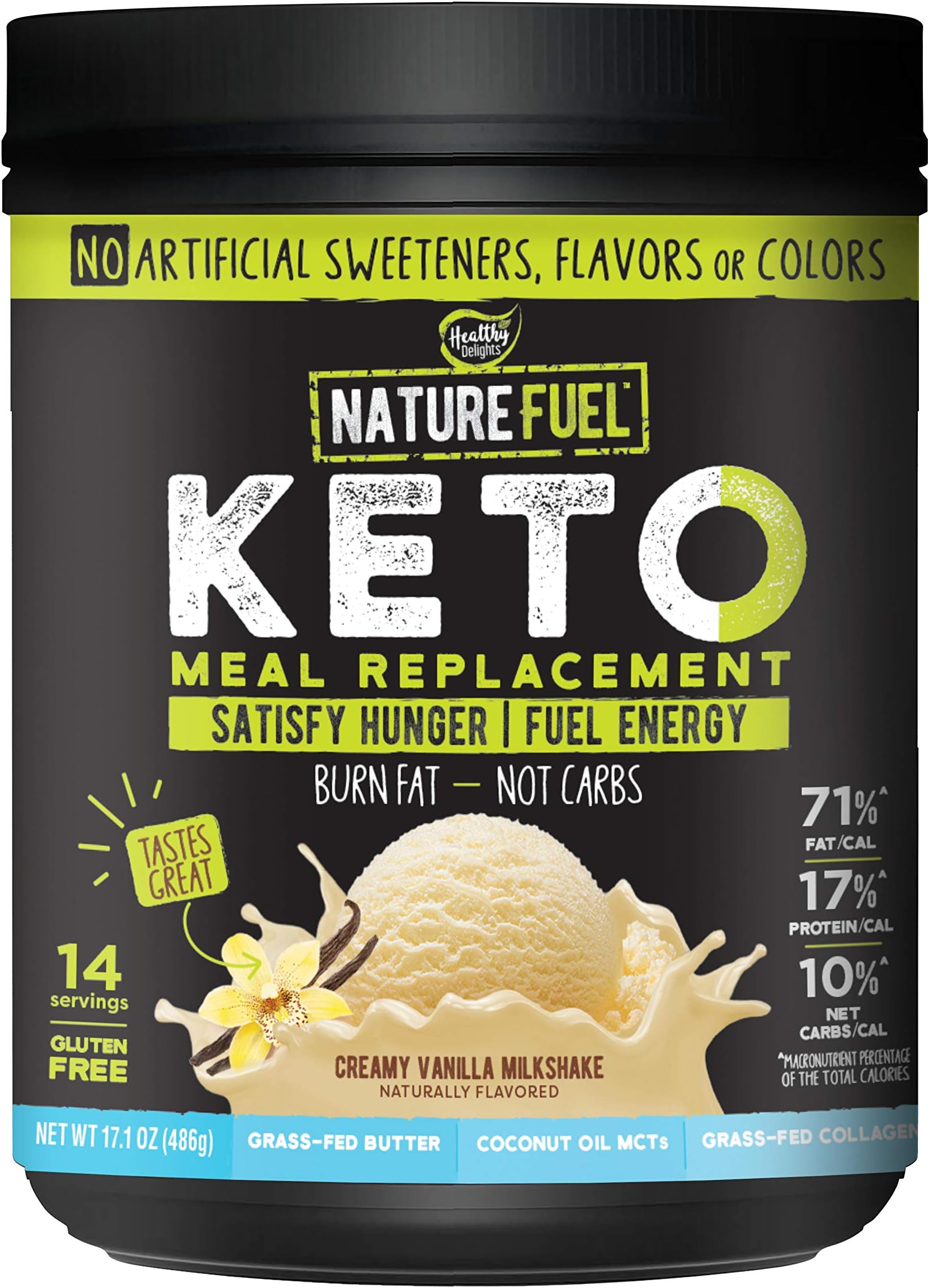 Nature Fuel Keto Meal Replacement Powder - Gluten Free with Coconut Oil MCTs and Grass-Fed Butter - Creamy Vanilla Milkshake - 14 Servings - Pantry Friendly, 17.1 Fl Oz