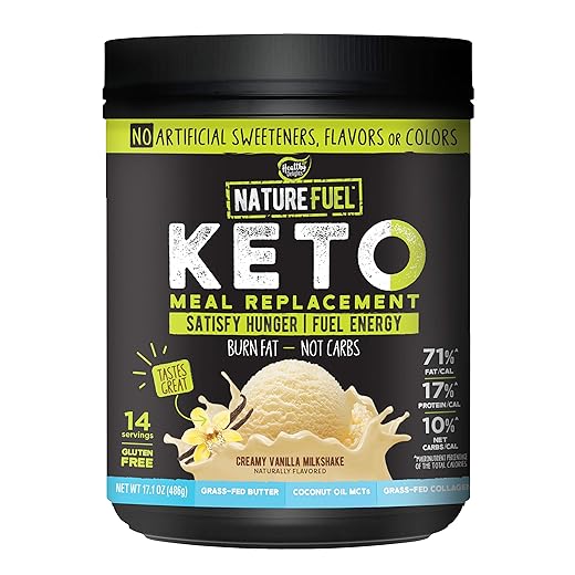 Nature Fuel Keto Meal Replacement Powder - Gluten Free with Coconut Oil MCTs and Grass-Fed Butter - Creamy Vanilla Milkshake - 14 Servings - Pantry Friendly, 17.1 Fl Oz
