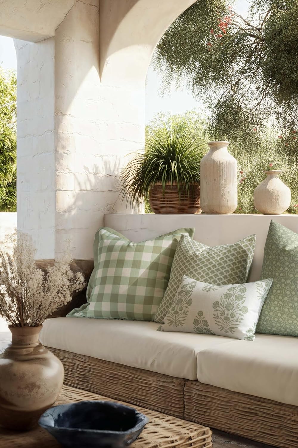 Crumbs Home Modern Farmhouse California Casual Indoor Outdoor Lumbar Pillow Cover, 12"x20" Water Repellent for Patio, Backyard, Couch, Poolside, Light Green Print Floral