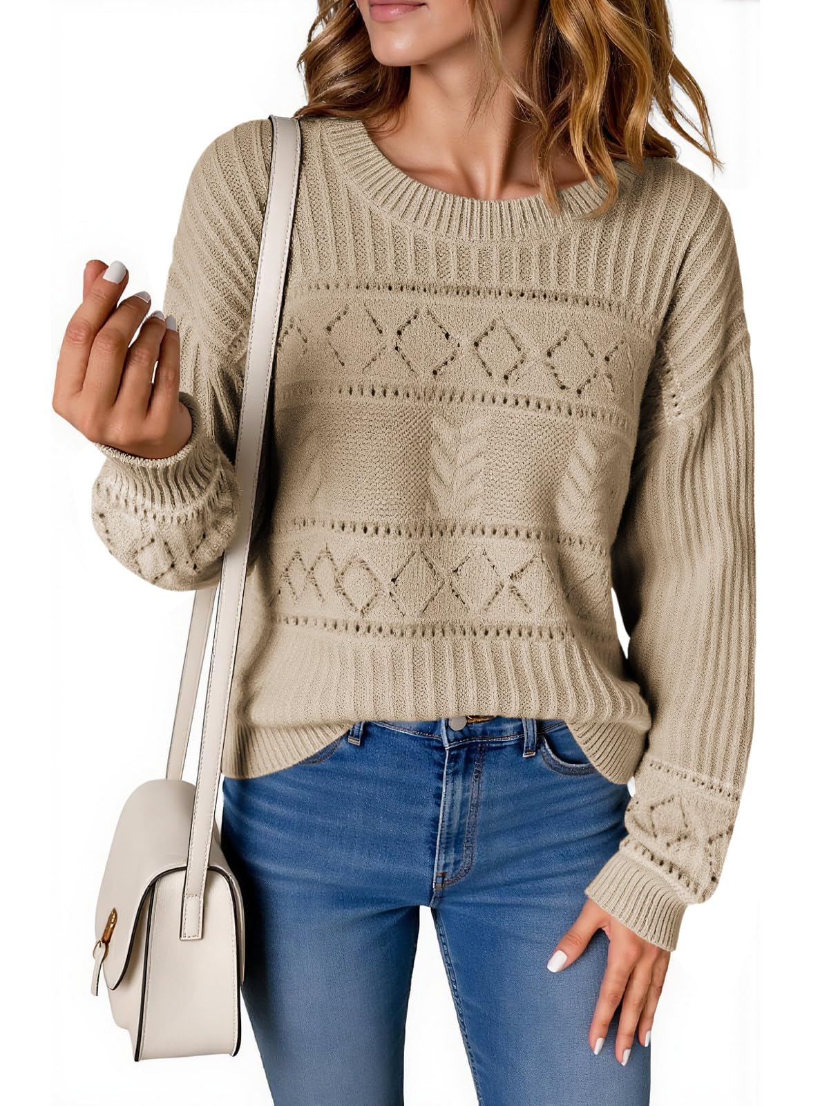 Yousify Womens Long Sleeve Sweaters Casual Crewneck Cable Knit Crochet Loose Fit Fall Pullover Tops