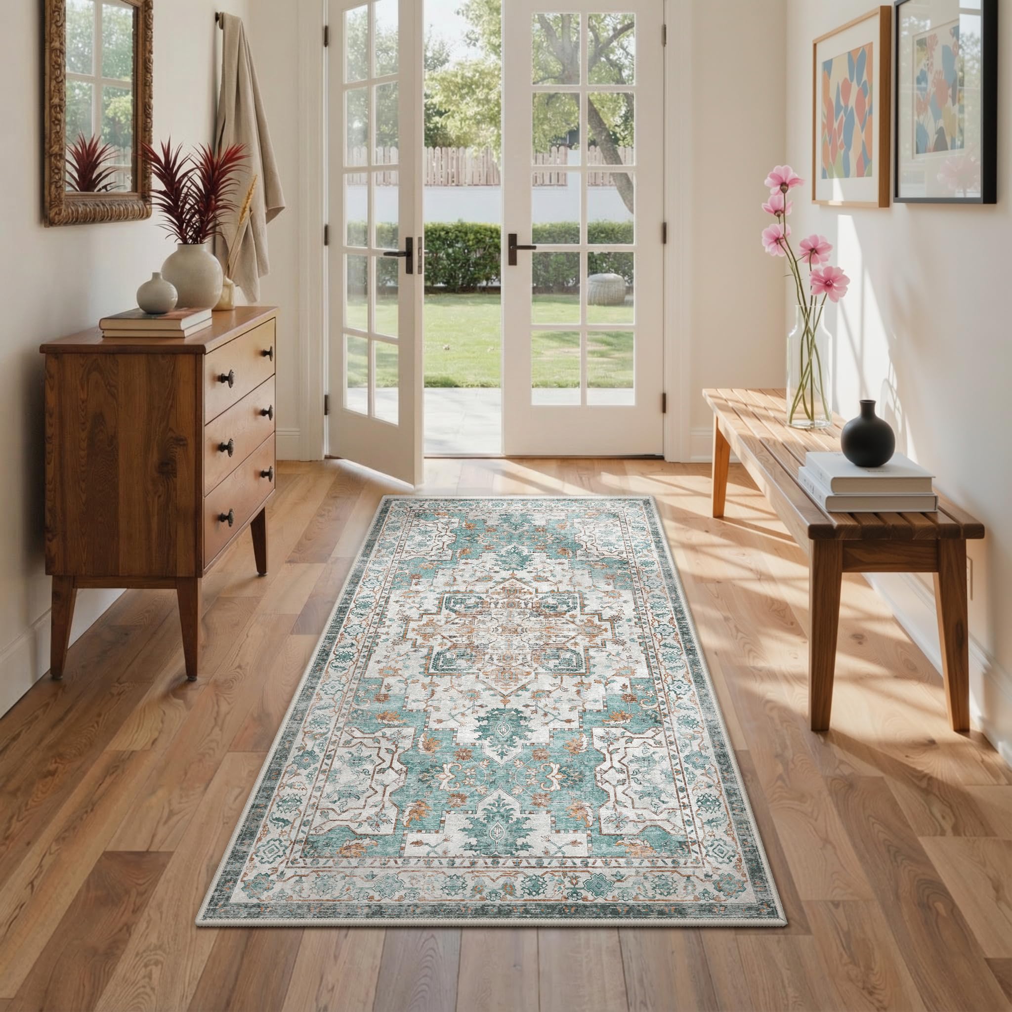 GENIMO Vintage Tappeto Salotto 80x150cm - Tappeto Passatoia Soggiorno Lavabile Antiscivolo, Resistente, Facile da Pulire, Boem Carpet Per Camera da Letto, Sala da Pranzo, Cucina - Vintage Verde Beige | Morbido pelo corto, retro antiscivolo, facile da puli