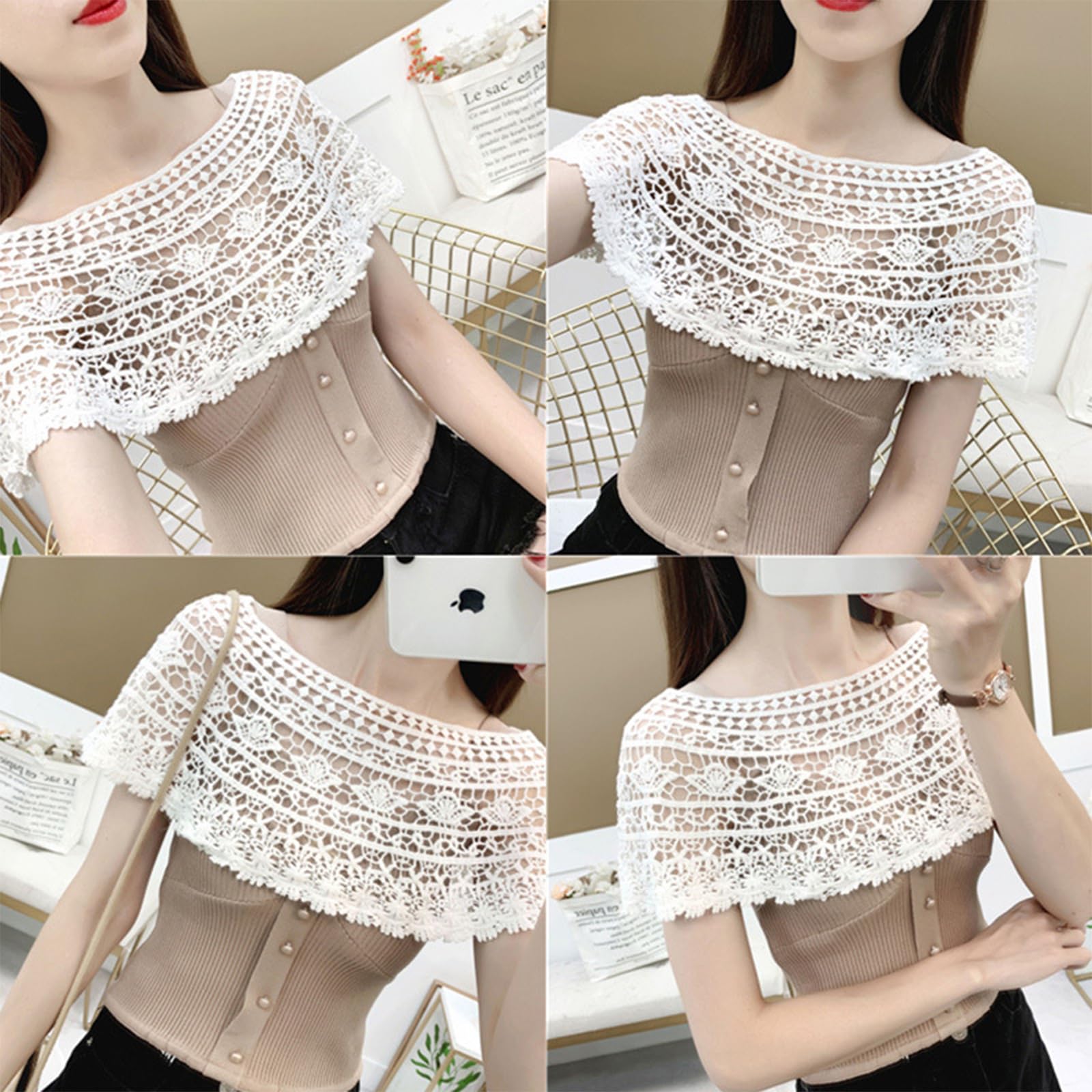 Gozaqe Lace Shrugs for Women Stylish Cape Poncho for Women,Shrug Top for Woman,Floral Pattern Loose Knit Cover Up Wraps for Evening Dress,Off-Shoulder,Beachwear(S SIZE) - Image 4 thumbnail