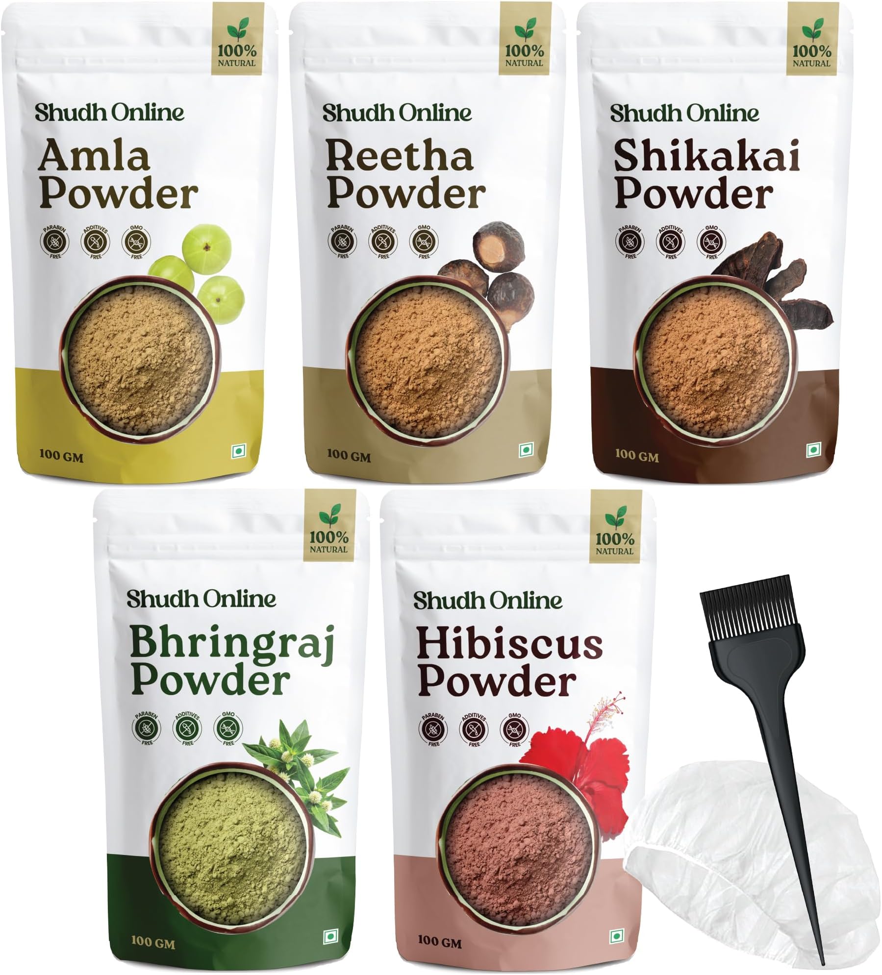 Shudh Online Amla, Reetha, Bhringraj, Shikakai & Hibiscus Powder Combo (500g) Hair Mask for Hair Growth Pack - Herbal Shampoo Wash - Dry Amala, Rita, Gudhal (100 grams each)