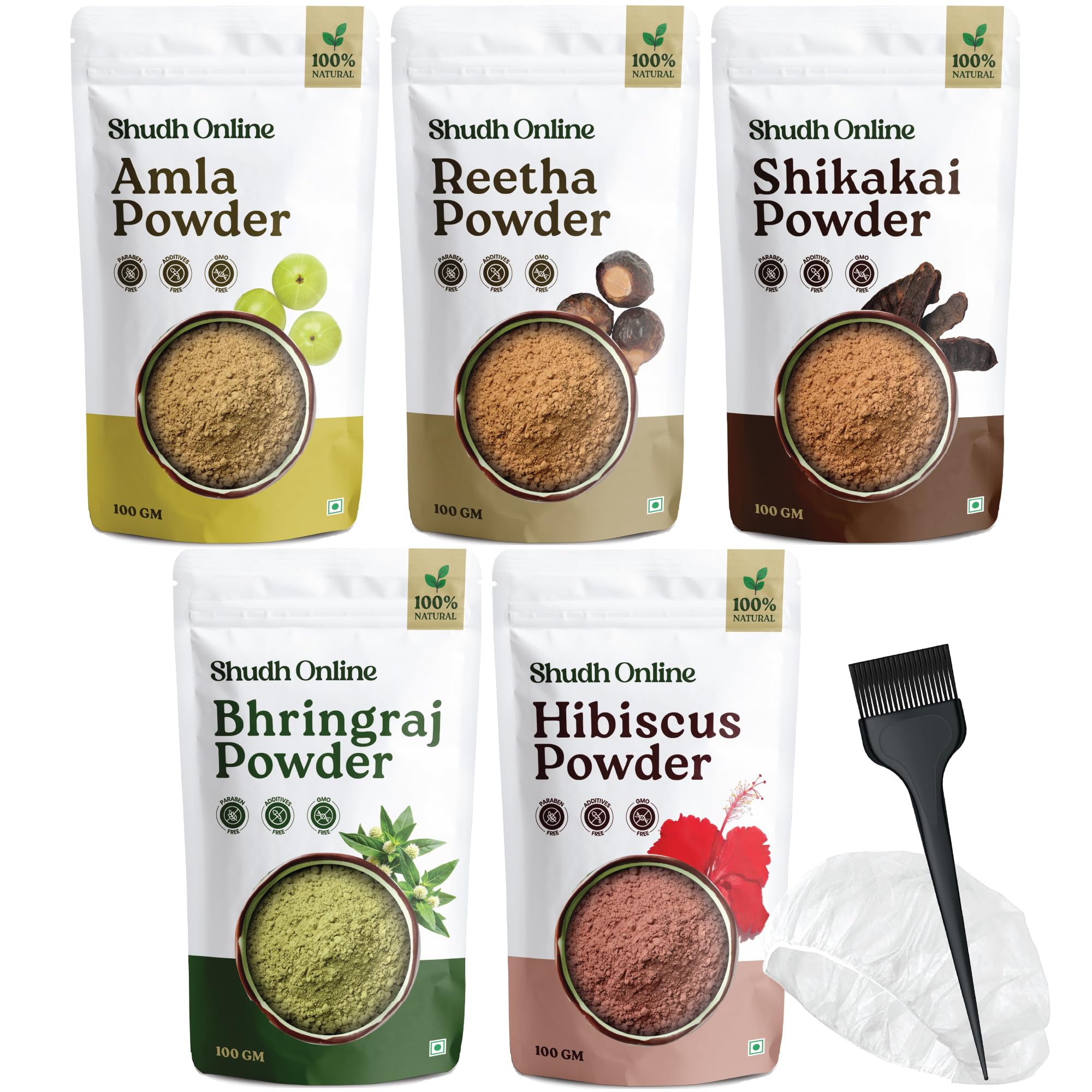 Herbal Hair Mask Powder Combo, Indian Ayurvedic Herbal Powder for Hair Growth (1.1 lb, 500g), Bhringraj, Hibiscus, Shikakai, Reetha, Amla Shampoo (3.5 oz each)