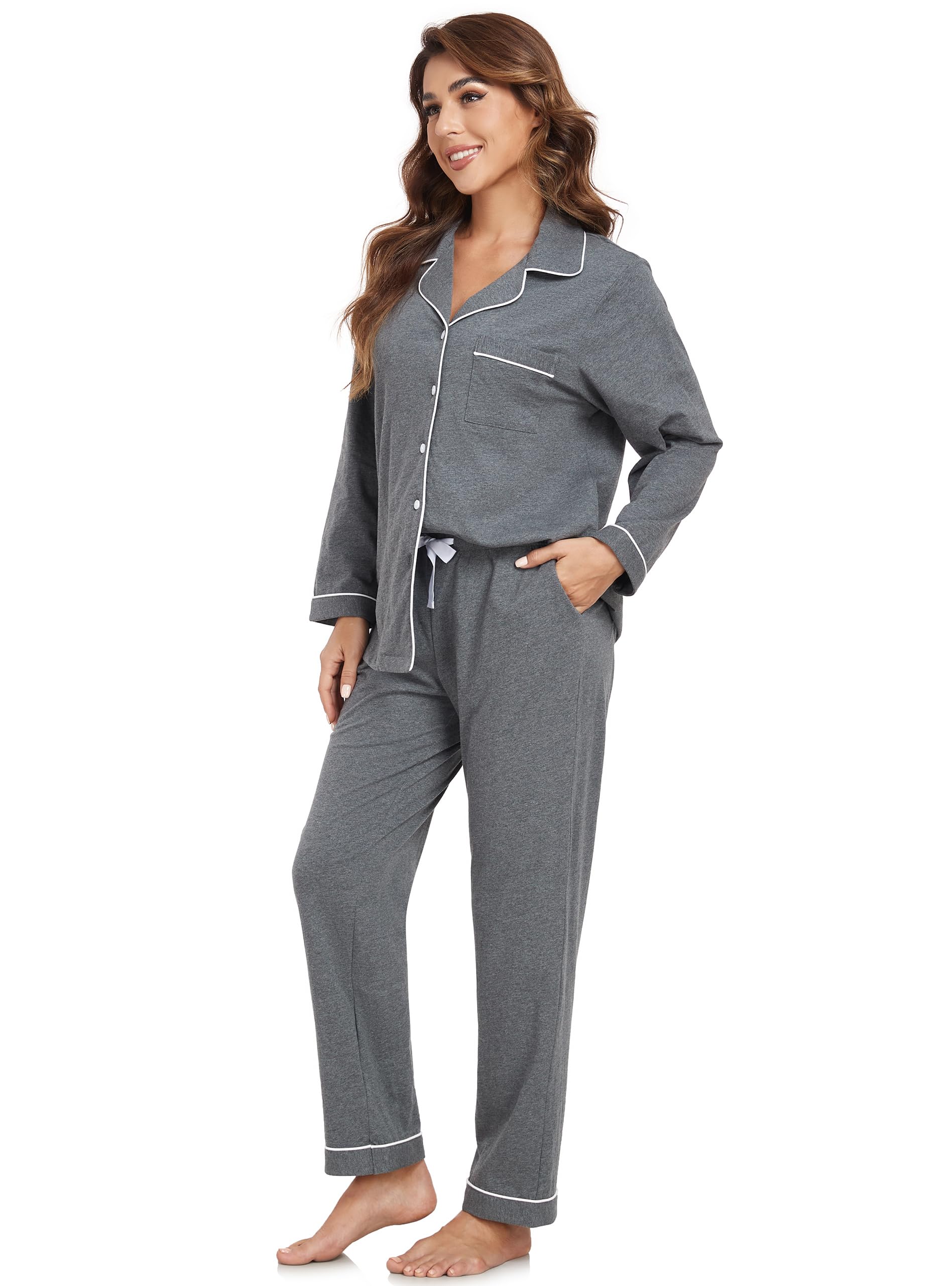 EA'S SECRET Schlafanzug Damen lang 100% Baumwolle Pyjama Sets mit Knopfleiste Langarm Zweiteiliger Nachtwäsche Hausanzug PJs
