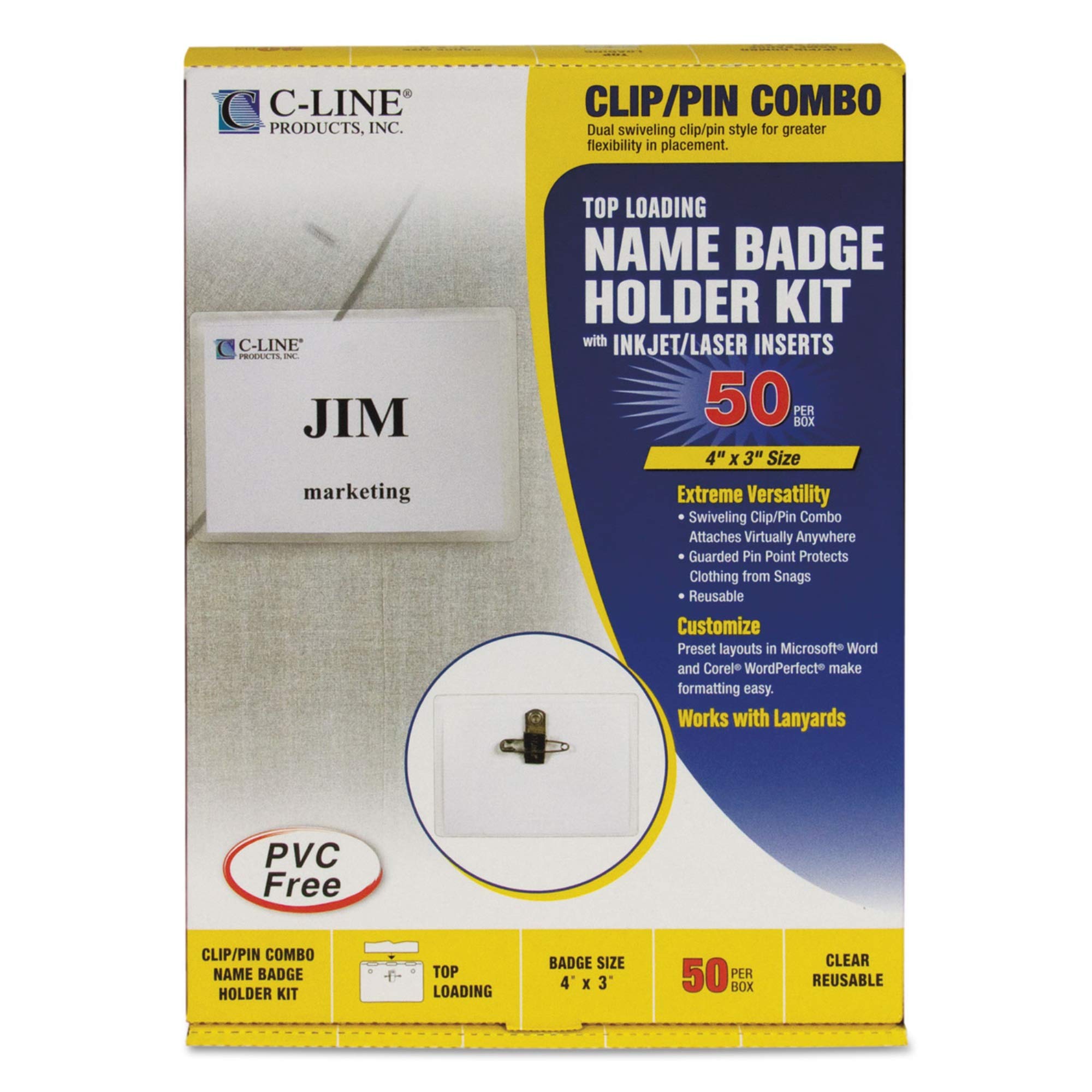 C-line Lot de 50 porte-badges avec clip et épingle Transparent 10 x 7,6 cm