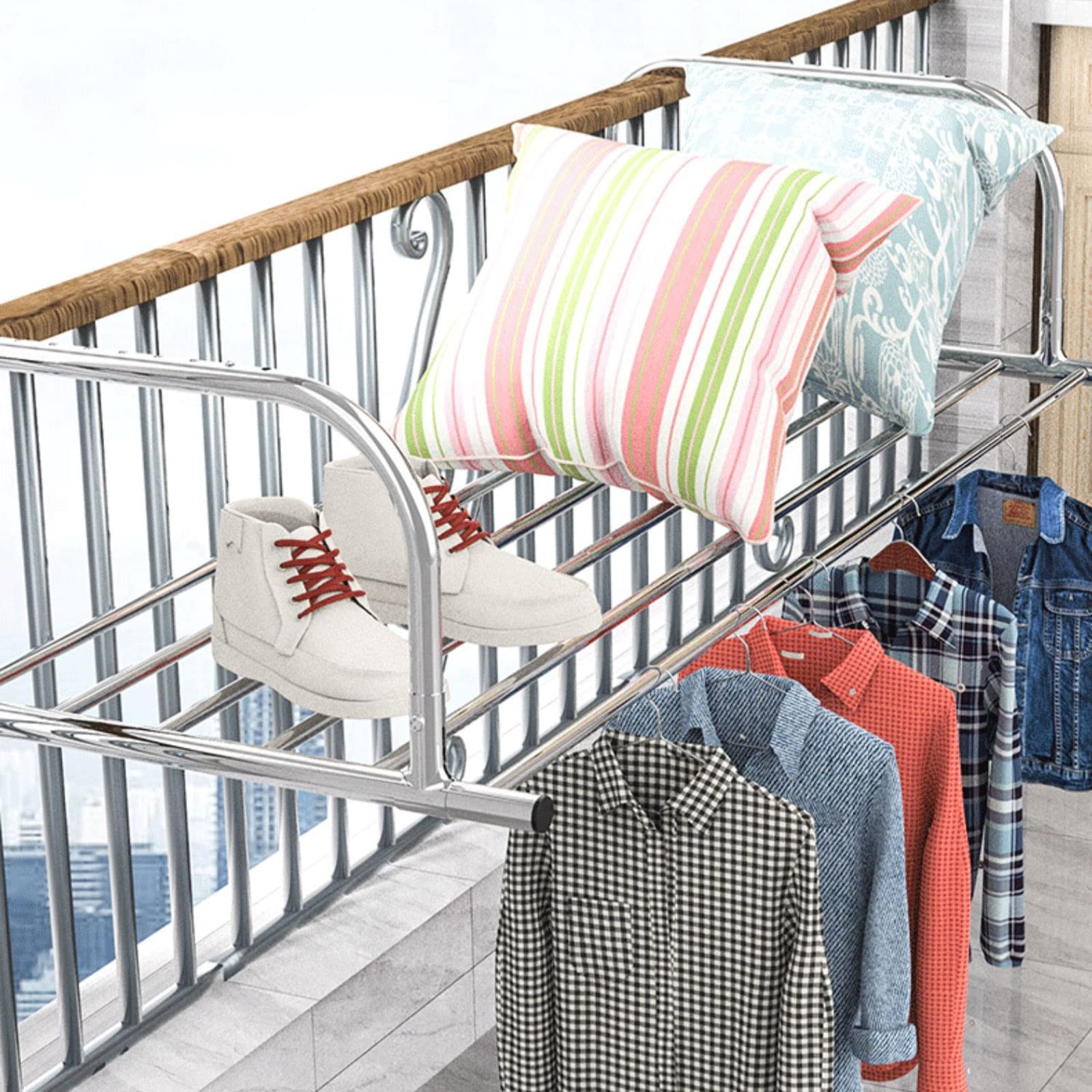 Heizkörper-Wäscheständer, Balkon-Wäscheständer, Wäschestangen, Handtuchtrockner mit verstellbarer Länge, Kleiderbügel, Wäschetrockner aus Stahl, zusammenklappbarer, einziehbarer Wäscheständer 61-107 c
