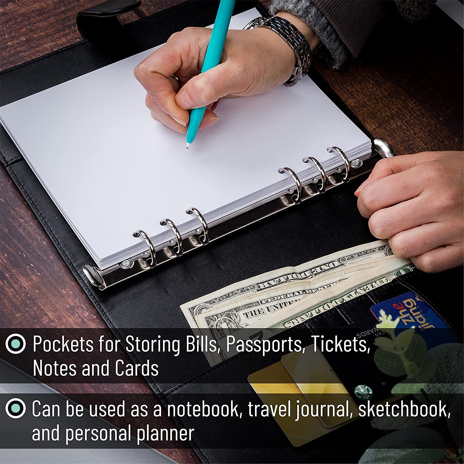 PU Leather Personal Notebooks with 67 Pages Planer Papers 6 Holes Ring Binder Pen Holder Magnetic Buckle (Green Faux Crocodile Texture, A5 Gift Box
