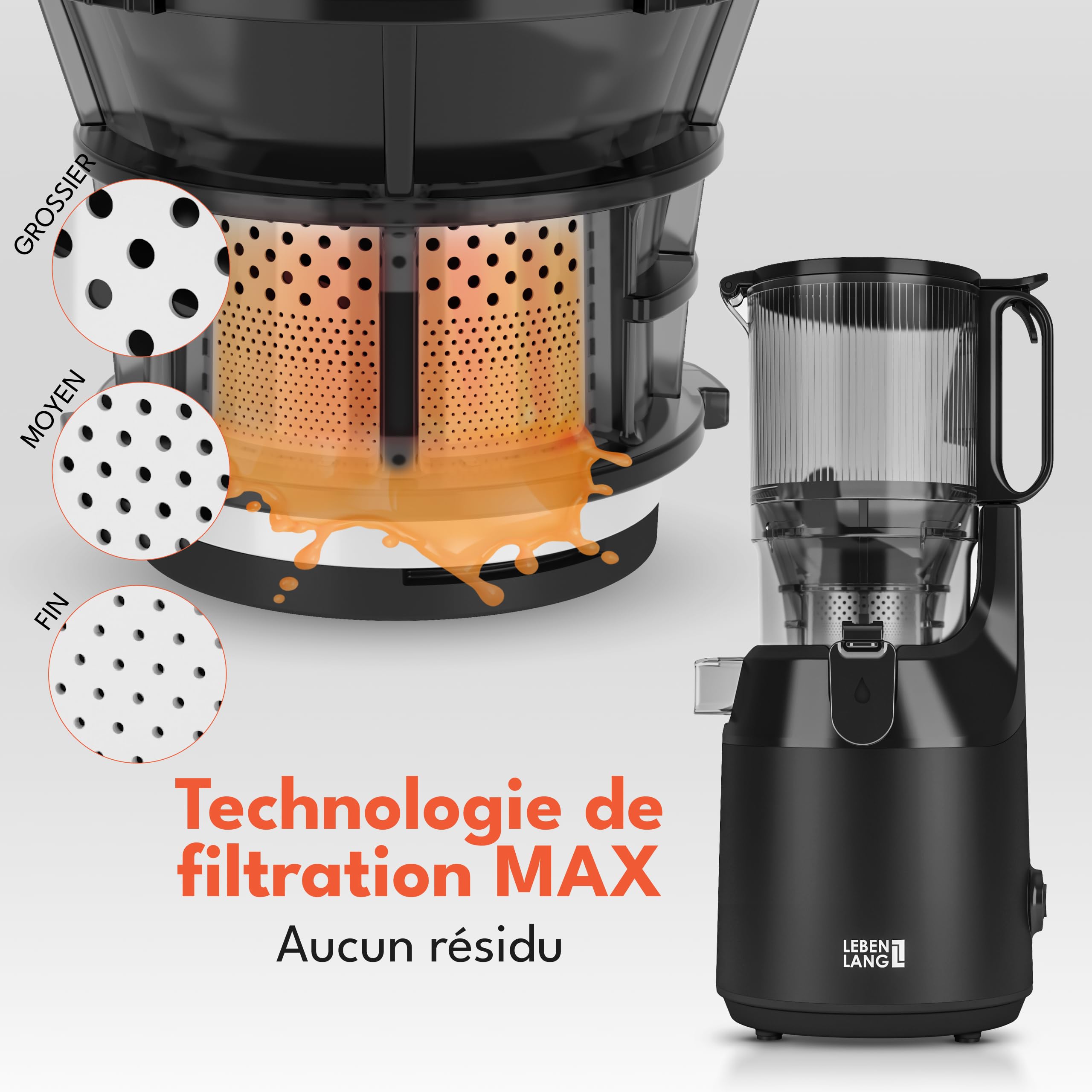 LEBENLANG Centrifugeuse extracteur de jus - Livre de recettes incl. & grande ouverture de 130 mm I Parfait pour les fruits et légumes entiers 100% sans BPA I Slow Juicer Machine Extracteurs legumes