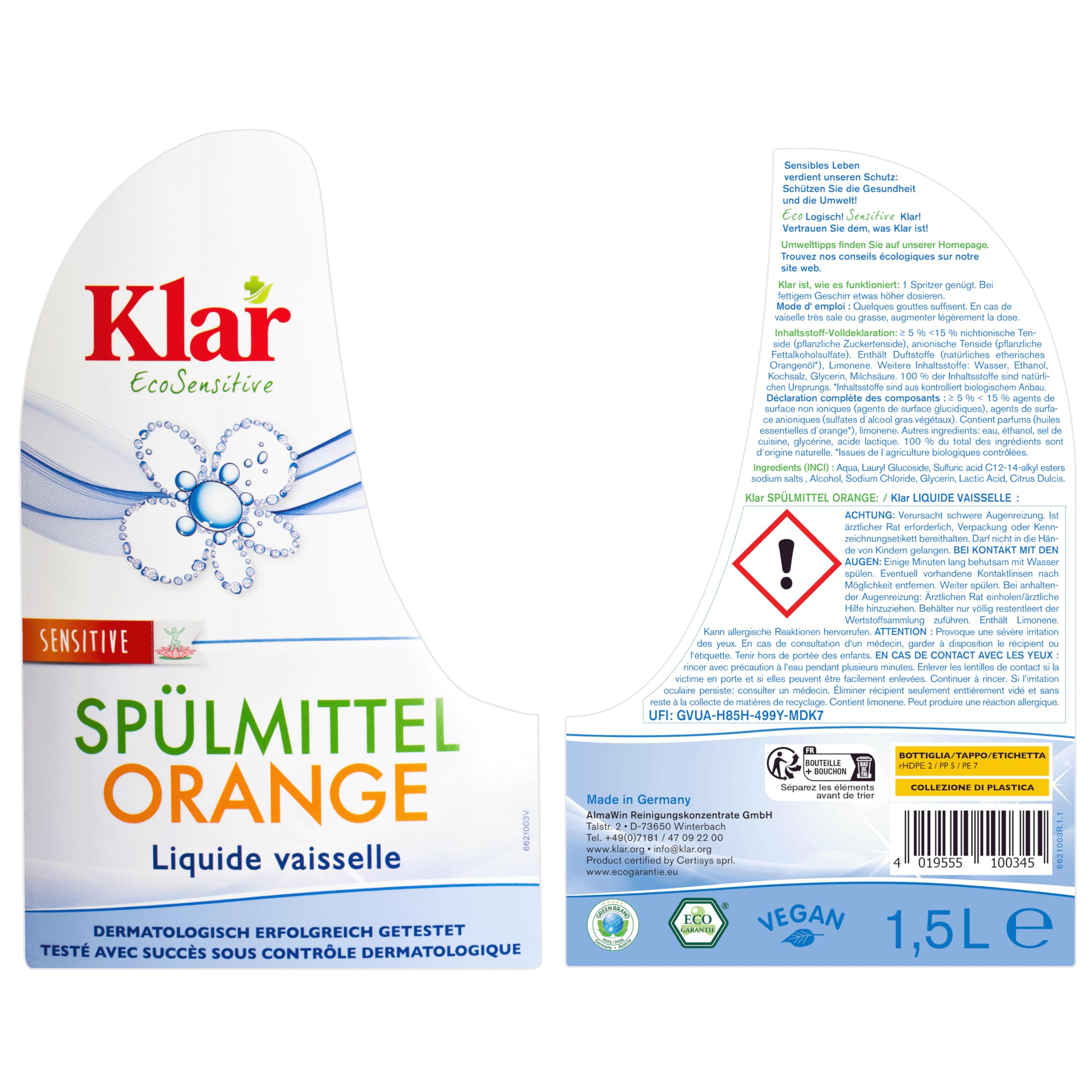 Klar EcoSensitive Spülmittel ORANGE, 1,5l - Spüli mit hoher Fettlösekraft