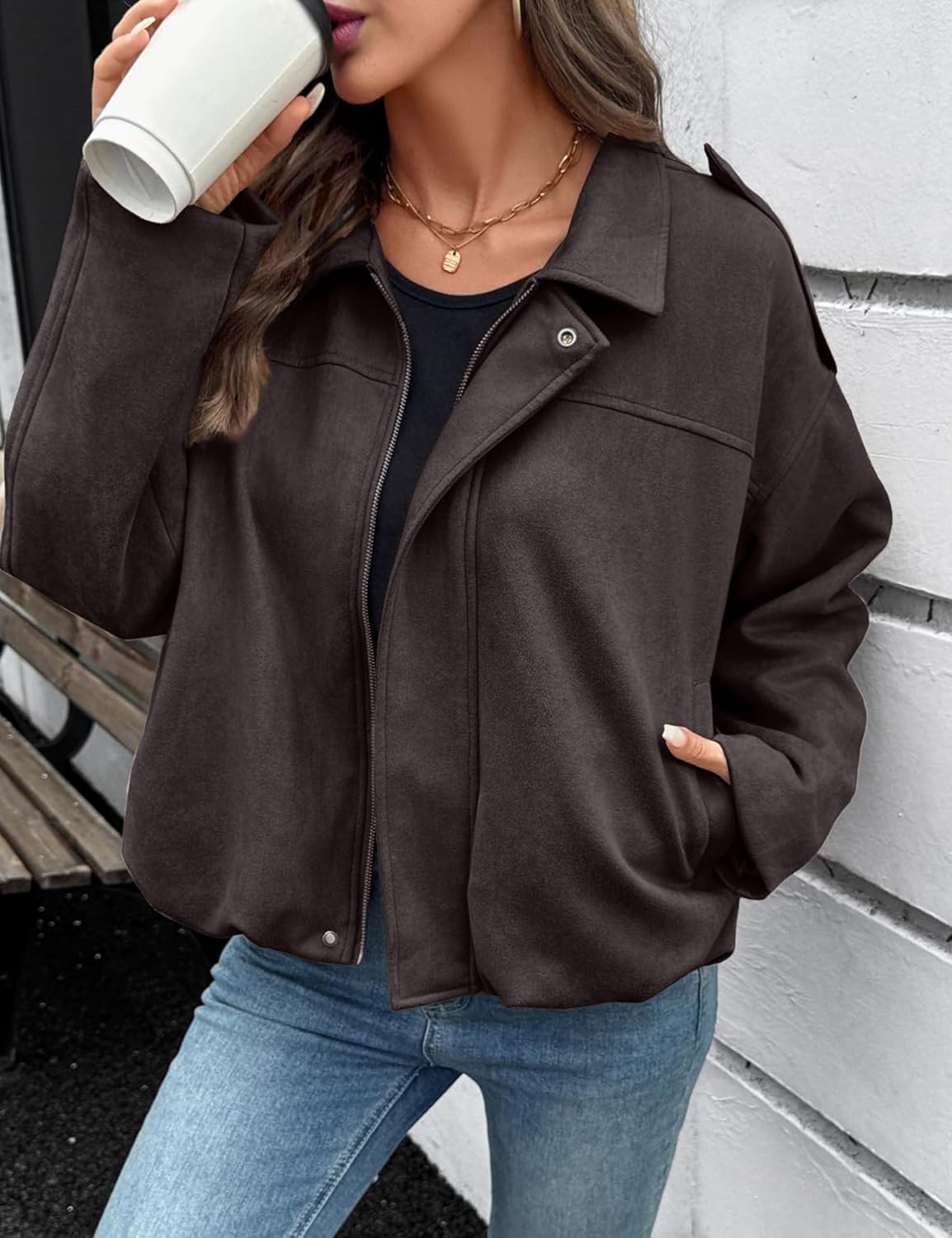 Womens Casual Bomber Jacket Zip Up Motorcycle Faux Suede Coat with Pockets - Image 3