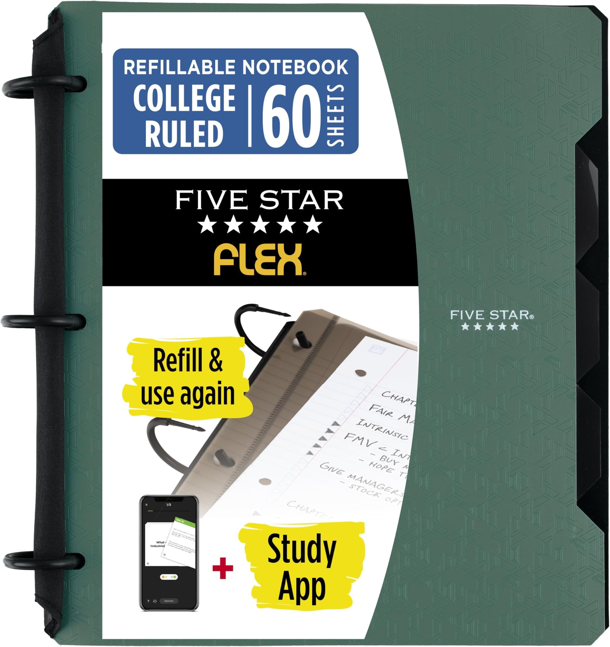 Five Star Flex Refillable Notebook + Study App,College Ruled Paper and 1 Inch TechLock Ring Binder with Pockets,Tabs and Dividers,200 Sheet Capacity,Seaglass Green (293280AQ8),(Pack of 6)