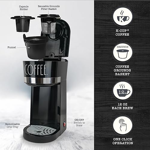 Miniatura 2 de Rae Dunn Cafetera de una sola porción 2 en 1  700 vatios, posos de café, depósito de agua de 30 onzas, operación con un solo clic, 12 onzas cada