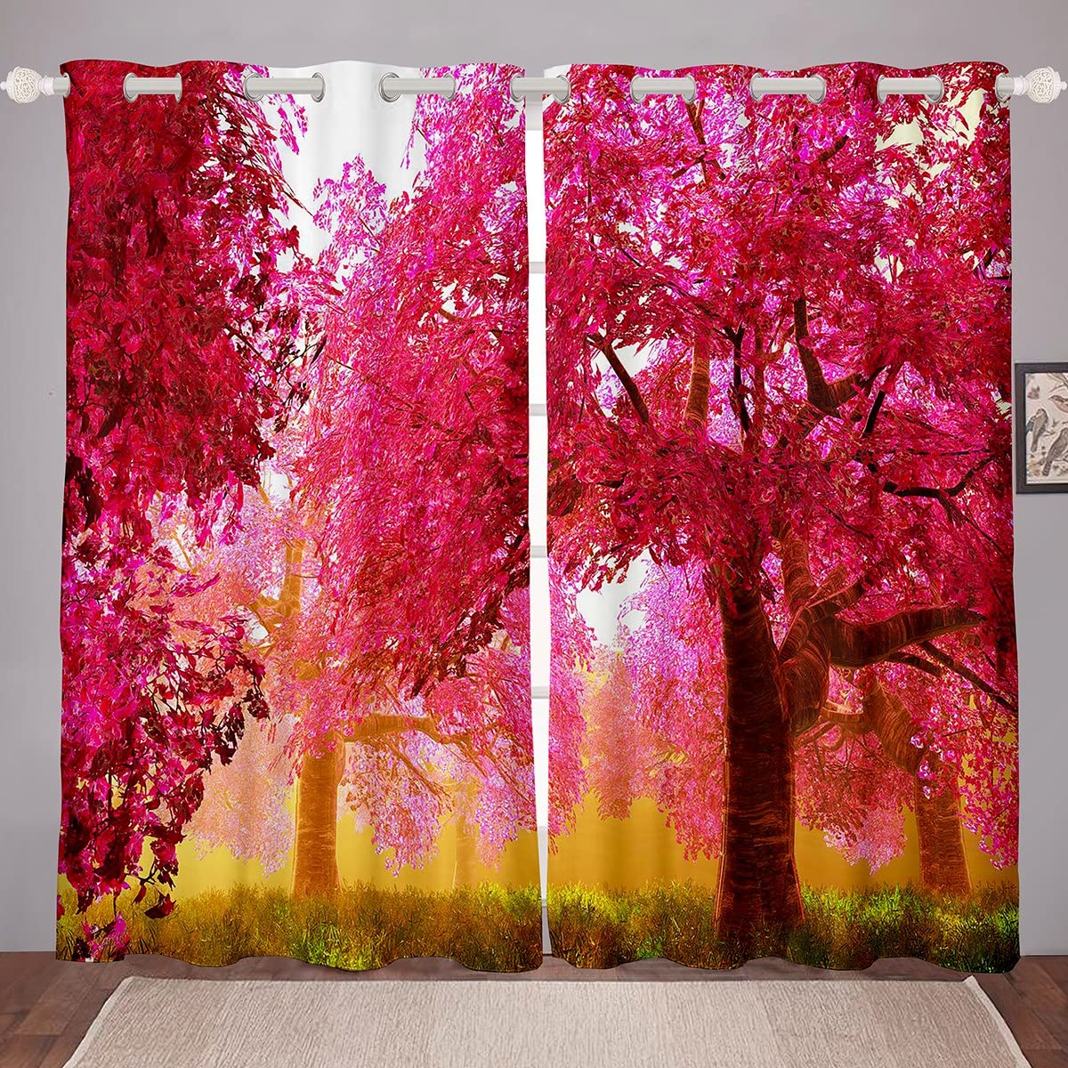 Homemissing Tree Window Curtains for Bedroom Living Room Leaves Branches Curtains for Adults Tree Of Life Window Drapes Soft Window Treatments Rose Red W46*L54 — image 1