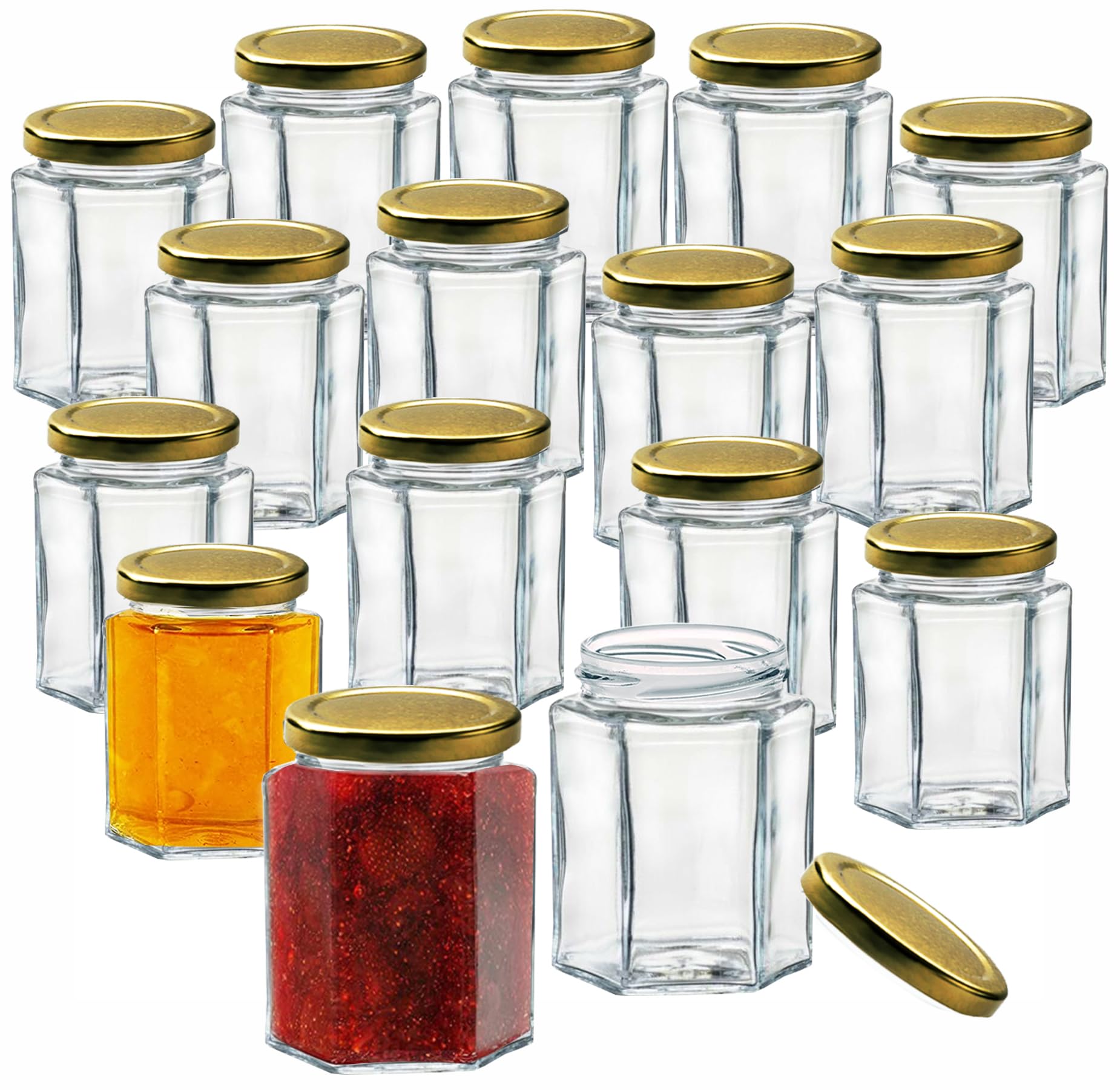 Offer Shop Jam Jars with Lids Small Storage Glass Jars with Gold Lid | 190ml Hexagonal Glass Jars with Sticker Labels Spice Storage Jam Jelly Chutney- 16 Set
