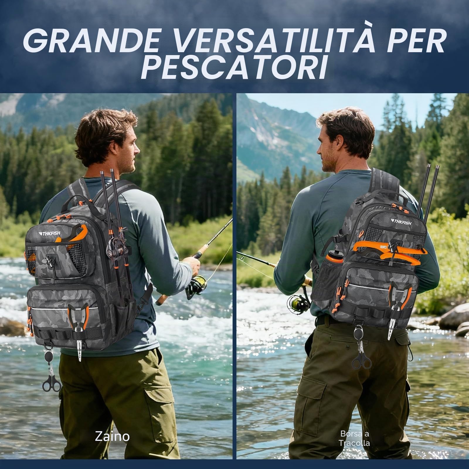 THKFISH Set di esche da pesca con scatola per esca, tessuto Oxford 600D, impermeabile, con scomparto regolabile, per attrezzi da pesca, campeggio, escursionismo, viaggi, mimetico