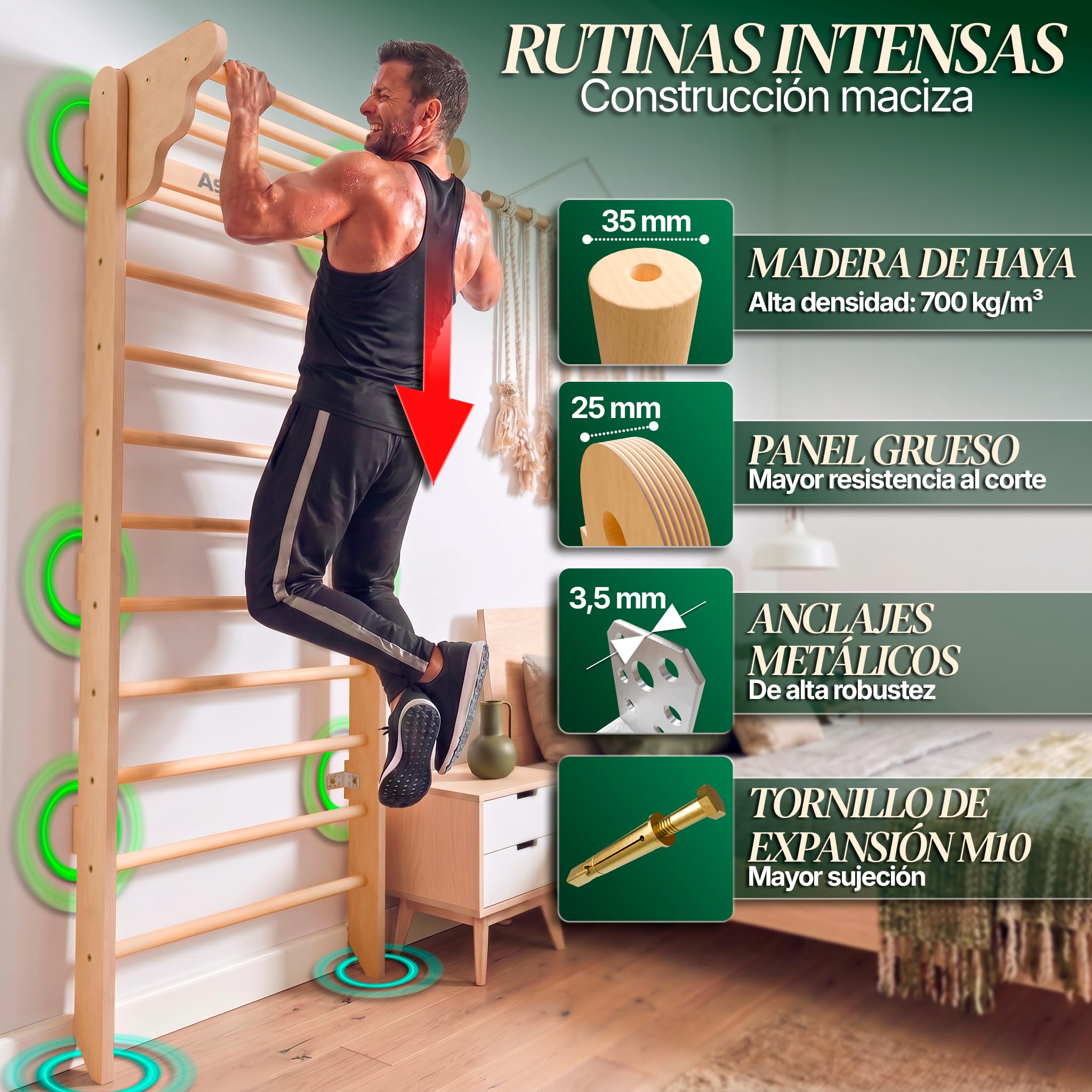 Espaldera Gimnasio Casa con Barra de Dominadas | Escalera Sueca Madera | Soporta hasta 150 kg | Montaje Fácil, Todo Incluido