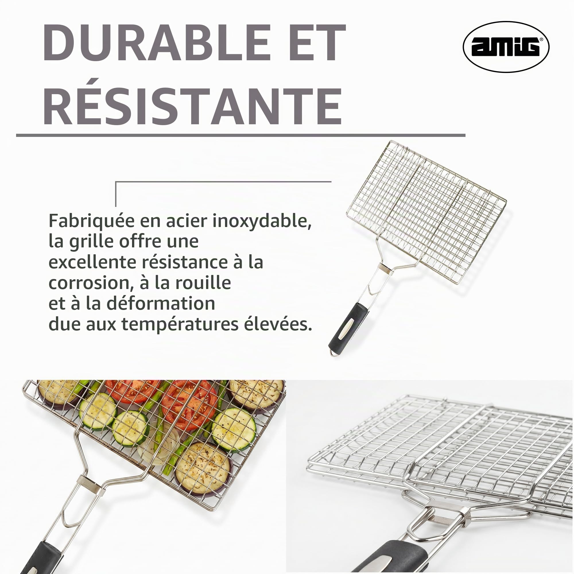 Amig - Grille Double pour Barbecue - 50 x 32 cm - Acier Inoxydable - Grille BBQ pour Viande et légumes - Mod. AM34