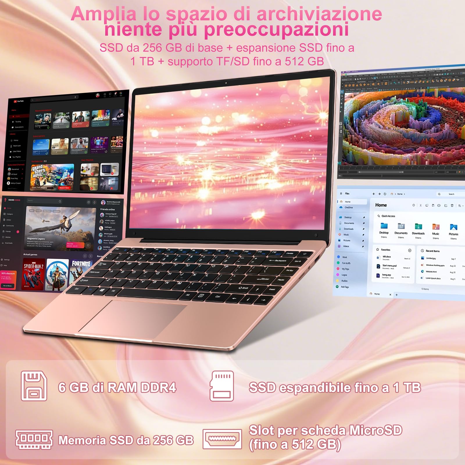 bvate PC Portatile 14 Pollici Notebook Win 11 Computer 256GB 1080P 2.4G+5G Supporta La Scheda SSD La Scheda TF Estesa, Wireless Bluetooth Mouse Wifi, Italiana Tastiera - Oro rosa-1