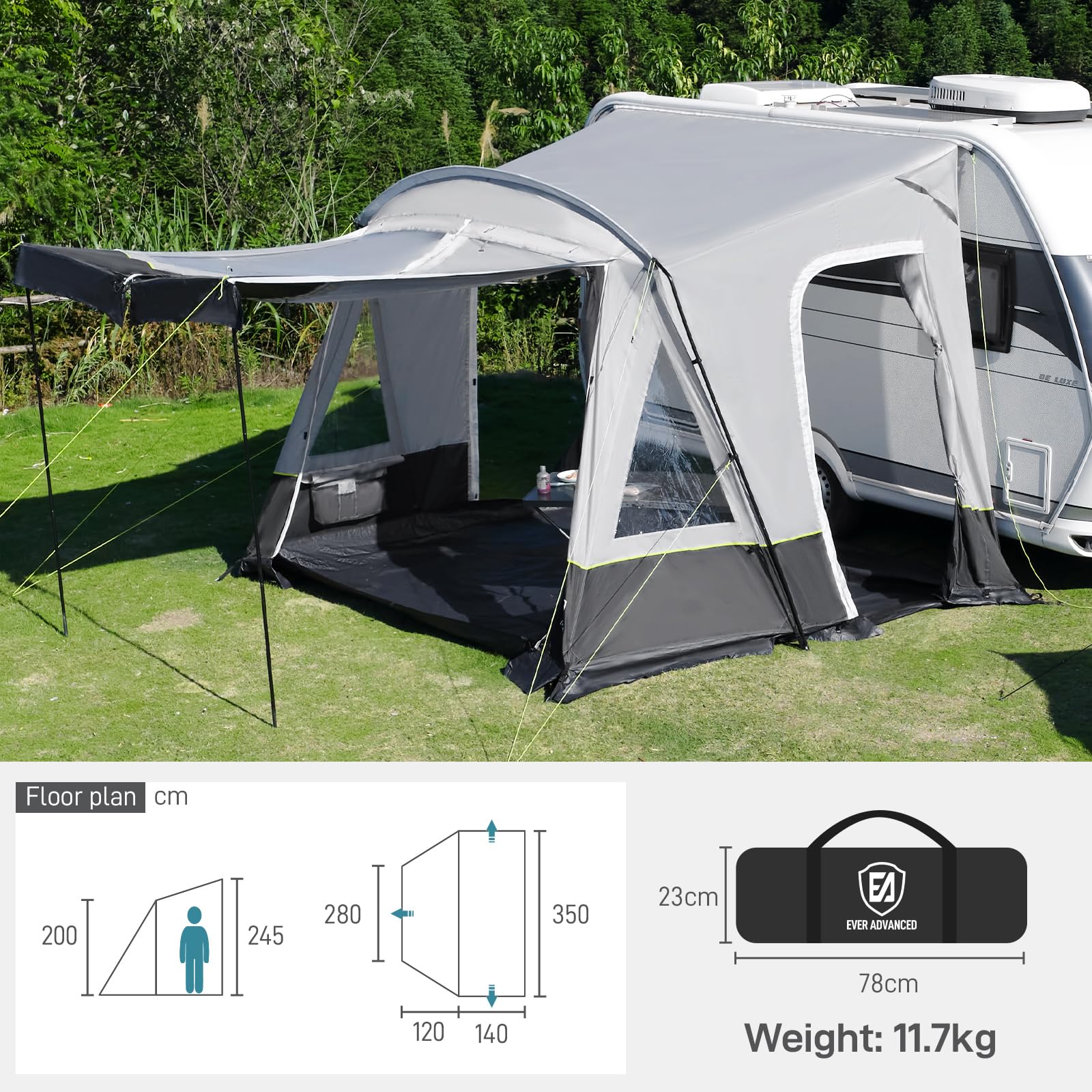 EVER ADVANCED Vorzelt Wohnwagen 350x260x245cm für Wohnmobil mit 2 Fenstern Seitentüre, großerer Tür als Dach, Reisevorzelt PU 3000mm wasserfest geeignet für Reise, Familie zusammen, Camping