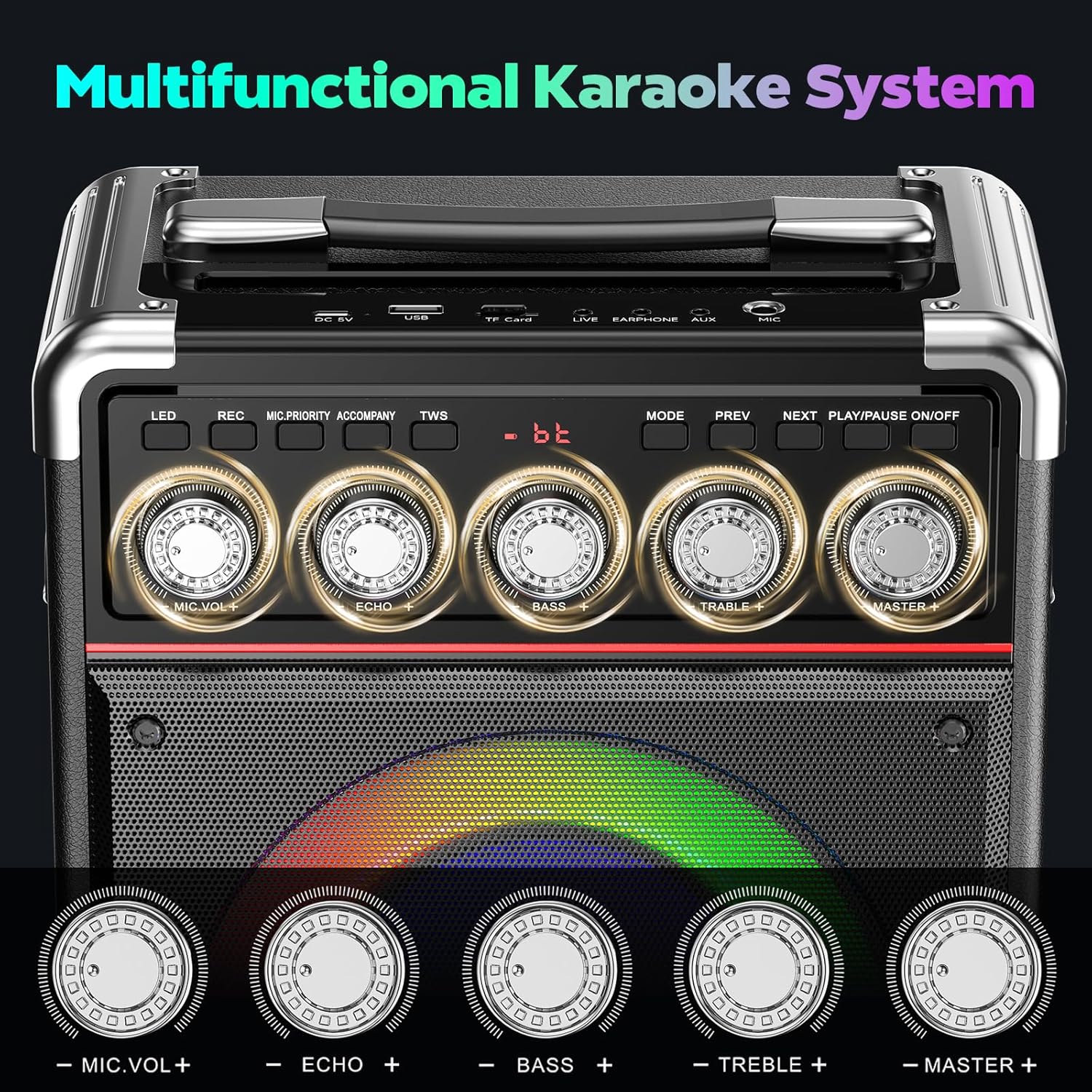 Karaoke Machine for Adults with 2 Wireless Microphones, Portable Bluetooth 5.3 Speaker with Bass/Treble/Echo Adjustment, PA System with Remote Control, Supports TWS/TV/TF Card/USB/AUX - Image 8