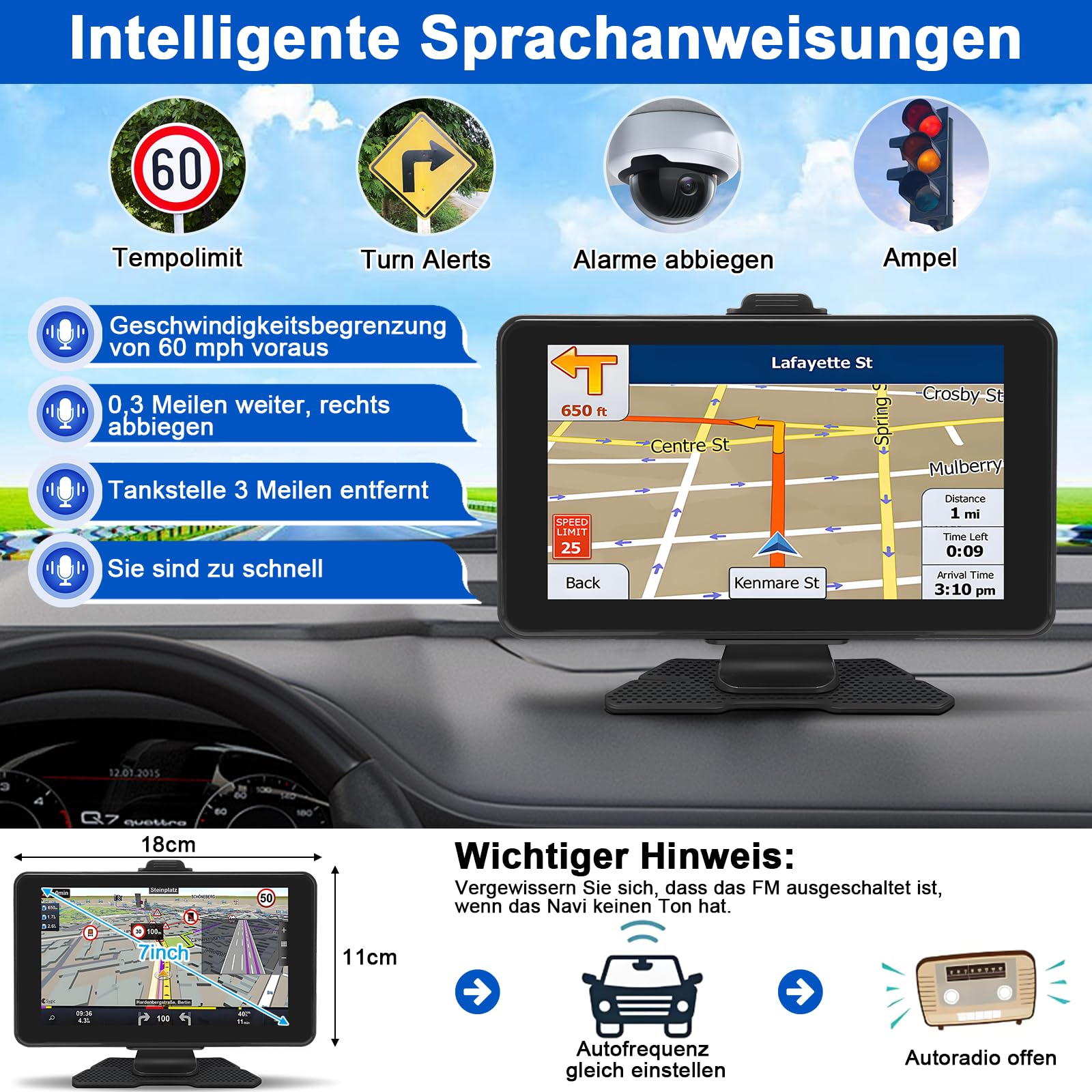 Navigationsgeräte für Auto,7 Zoll,LKW navigationsgeräte-GPS mit Echtzeit-Verkehrsinformationen,mit HD-Display und Sprachsteuerung,europäische Karten,geeignet für PKWs,Wohnmobile und LKWs