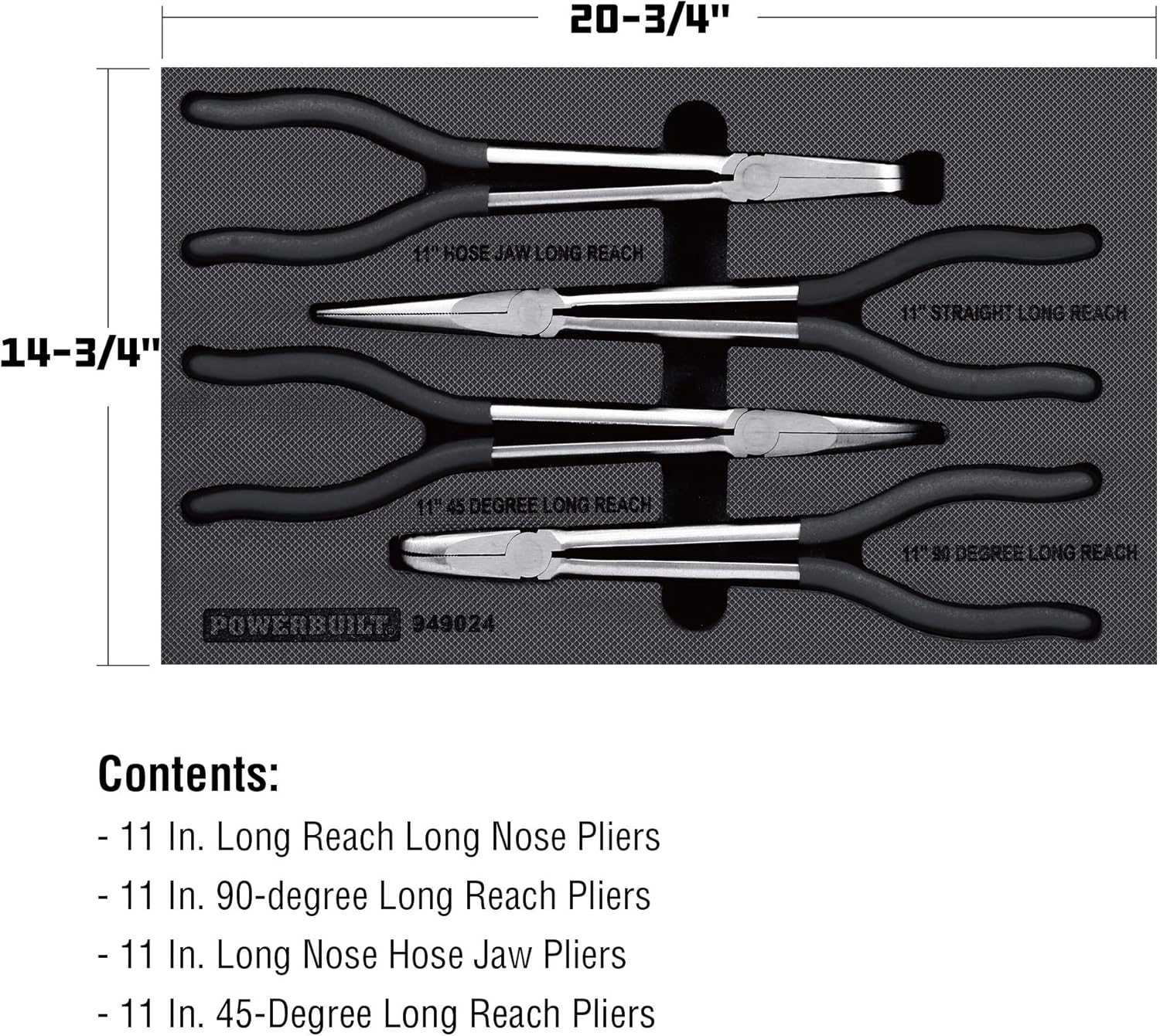 Powerbuilt 4-Piece Pro Tech 11-Inch Long Reach Pliers Set – Long Nose, 45° & 90° Bent Nose, Hose Clamp Pliers, CrMo Steel, Double-Dip Comfort Handles, EVA Tray – 949024