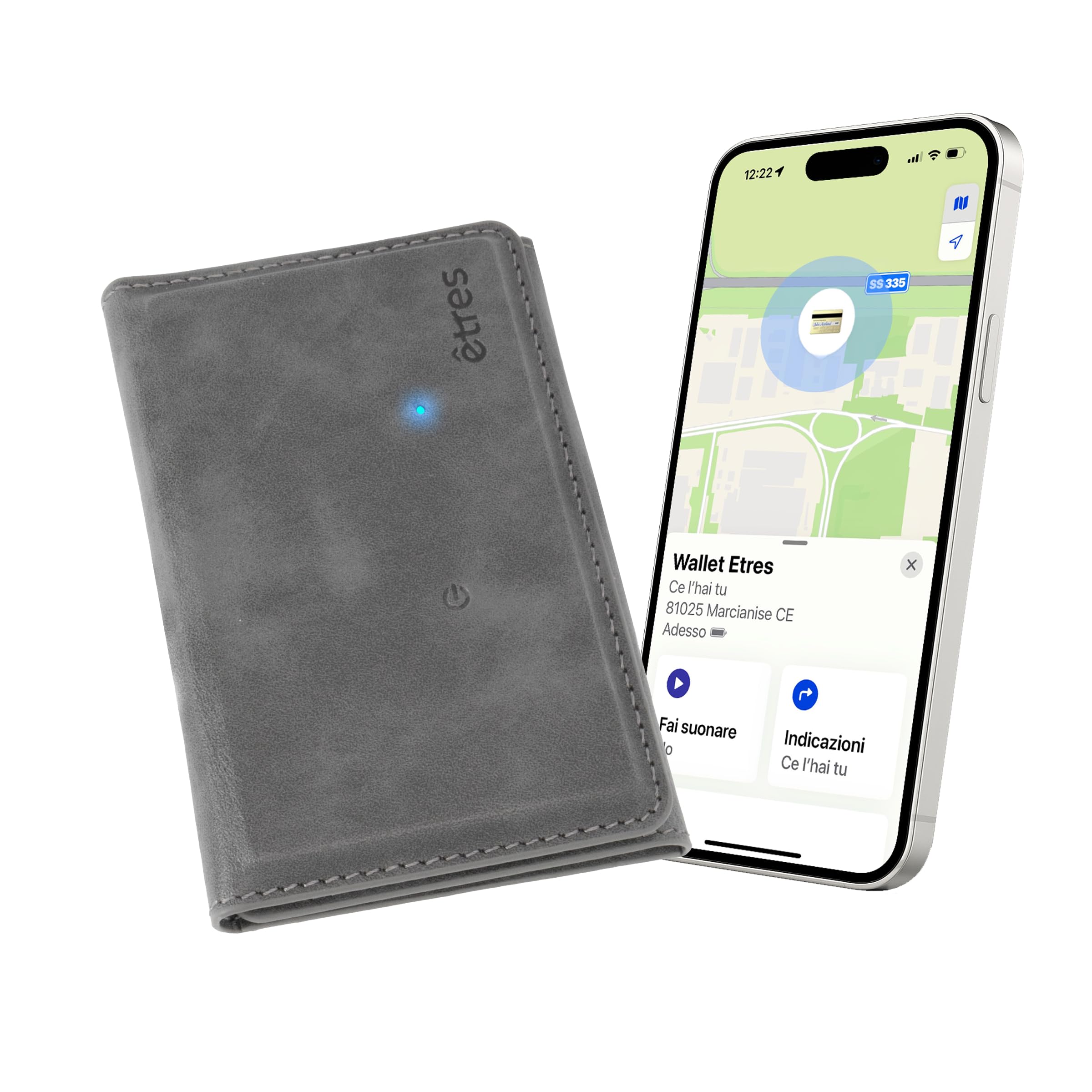 ETRES Portafoglio Magsafe Finder con Tracciamento GPS - Fino a 7 Carte + Tasca Banconote - Ricarica Wireless, Protezione RFID, Ultra Slim e Anello Magnetico Incluso - Solo per iPhone (GRIGIO)