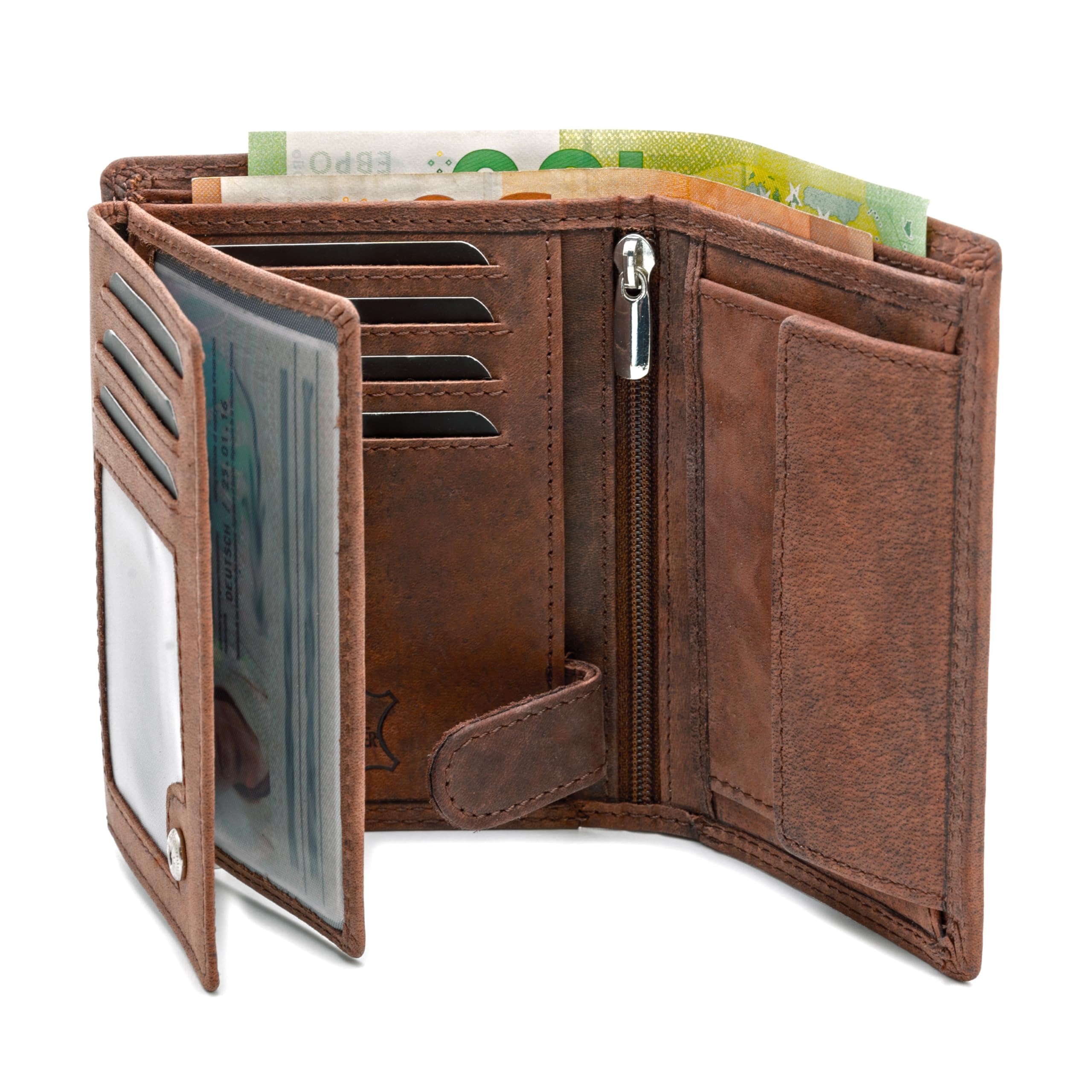 Genuine Buffalo Leather Wallet, Large Wallet for Men and Women, TÜV Certified RFID Protection, Brown and Black, Iron, Compact