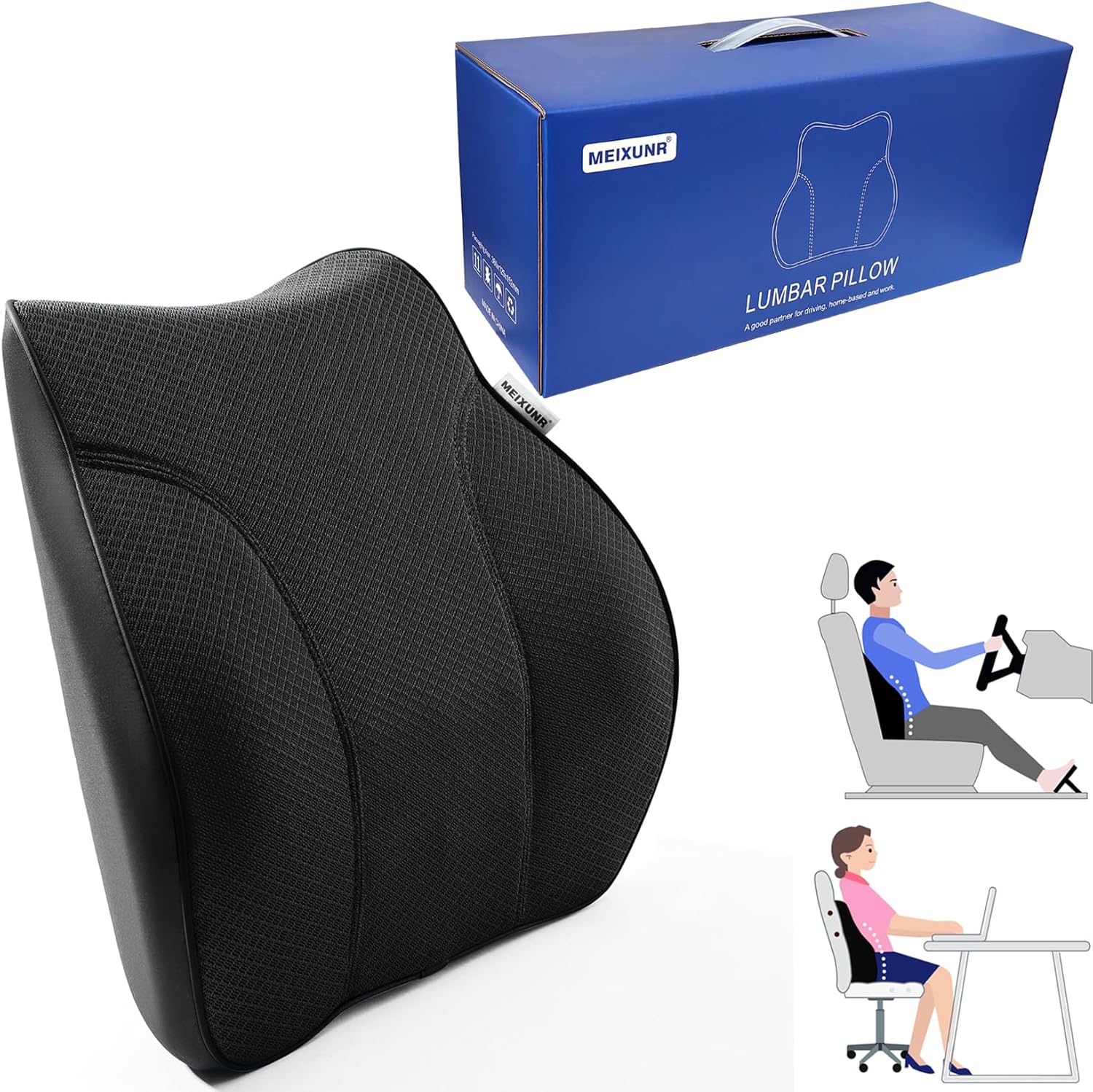 Soft Lumbar Support Pillow for Office Chair and Car Driver's Seat Lumbar Support Pillow Memory Foam Back Cushion for Pain Relief Improve Posture (Mesh Fabric-Black, Large Size) Large Size Mesh Fabric-black