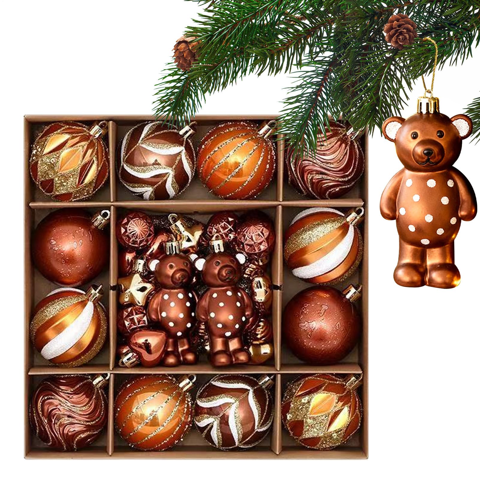 Boules de sapin de Noël incassables | 46 ornements bruns pour décorer sans stress