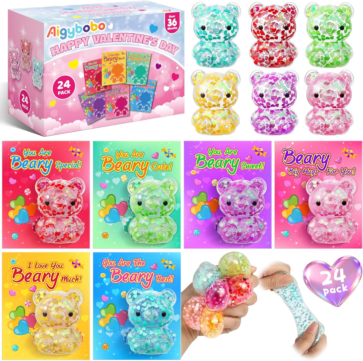 24 Pack Valentine's Day Gifts Cards with Glitter Bears, Valentine Cards for Kids, Squeeze Fidget Toys Bulk for Classroom School Valentine's Gifts Exchange, Valentine Party Favors for Boys Girls