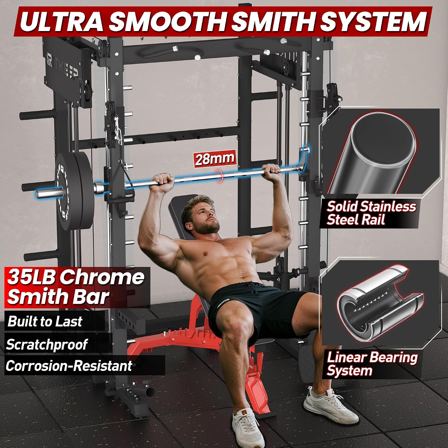 Smith Machine with Jammer Arms & Leg Press with Adjustable Dual Pulley Ratio (1:1 & 2:1), PMAX-4750 All-in-One Commercial & Home Gym Equipment, Heavy-Duty Steel Frame by RitKeep