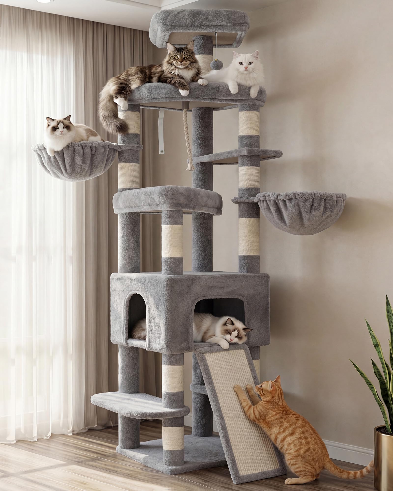 Heybly Árbol para Gatos XXL 210 cm, Torre Rascador Alta para Gatos Grandes de Interior, Condominio con 2 Cestas, Cueva, Plataformas y Tabla de Sisal, Gris Claro HCT063W