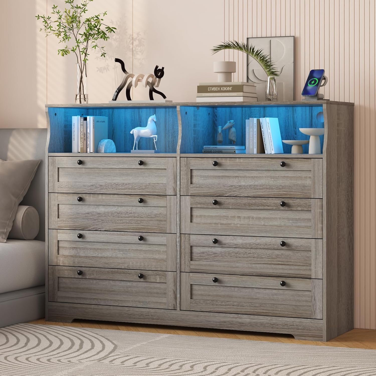 GarveeHome 8 Drawers Wooden Dressers with LED Lights and Power Outlet for Bedroom, Large Modern Wood Dresser for Living Room, Hallway, Wide Chest of Drawers Wood TV Stand Dressers for 55" TV (Grey)