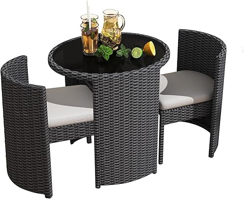 Miniatura 2 de Juego de 3 sillas de mimbre para exteriores, muebles de patio que ahorran espacio con mesa de ratán para césped, jardín, piscina, balcón, sin