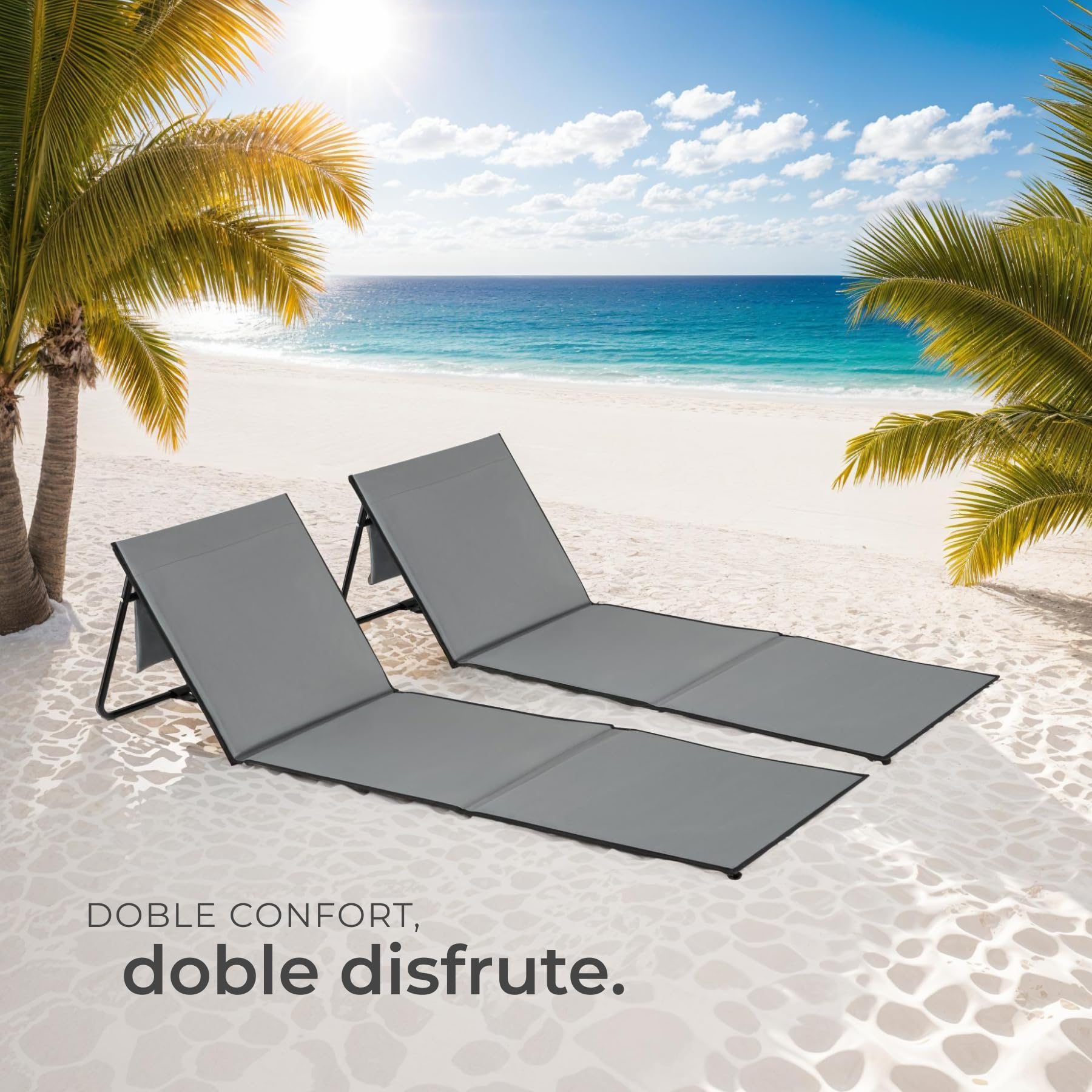 tectake® Set de 2 Esterillas de Playa Plegables con Respaldo Ajustable, Tumbona Plegable Ligera, Tumbona Playa con Asa de Transporte y Relleno de Espuma, Tumbonas Jardín Exterior, Piscina, Camping